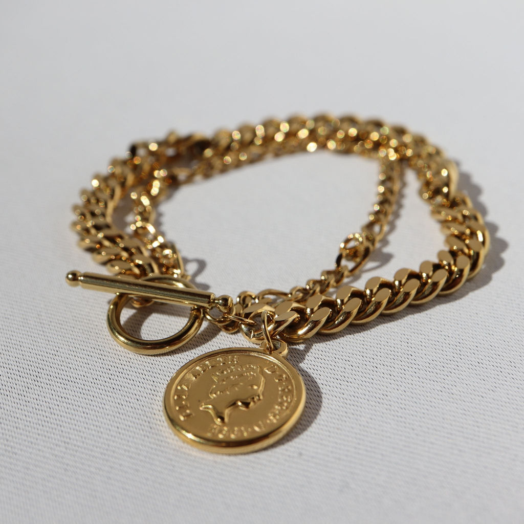 Empire Coin Bracelet, 18K Gold Plated Steel – Waterproof Gold Jewelry – Aella Jewelry Co.