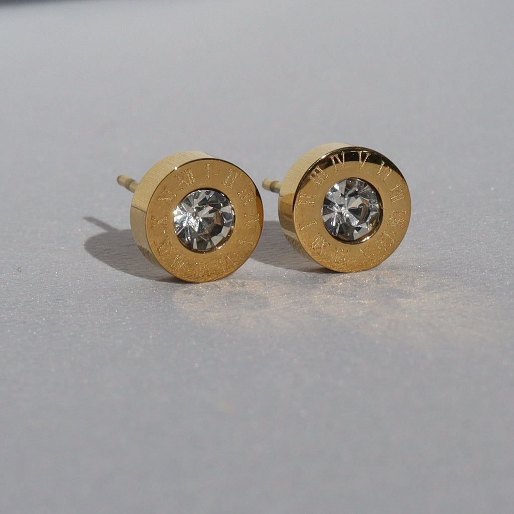 Roman Halo Crystal Stud Earrings, 18K Gold Plated Steel – Waterproof Gold Jewelry – Aella Jewelry Co.