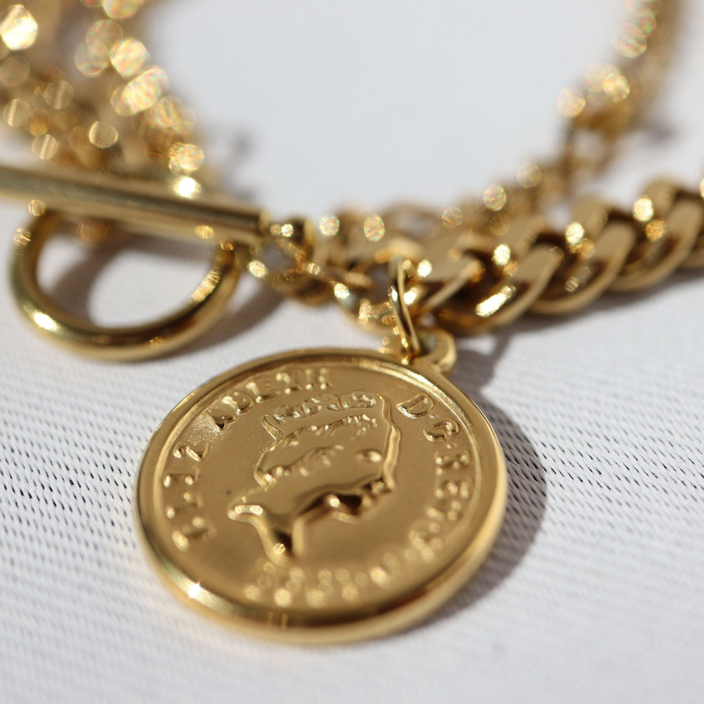 Empire Coin Bracelet, 18K Gold Plated Steel – Waterproof Gold Jewelry – Aella Jewelry Co.