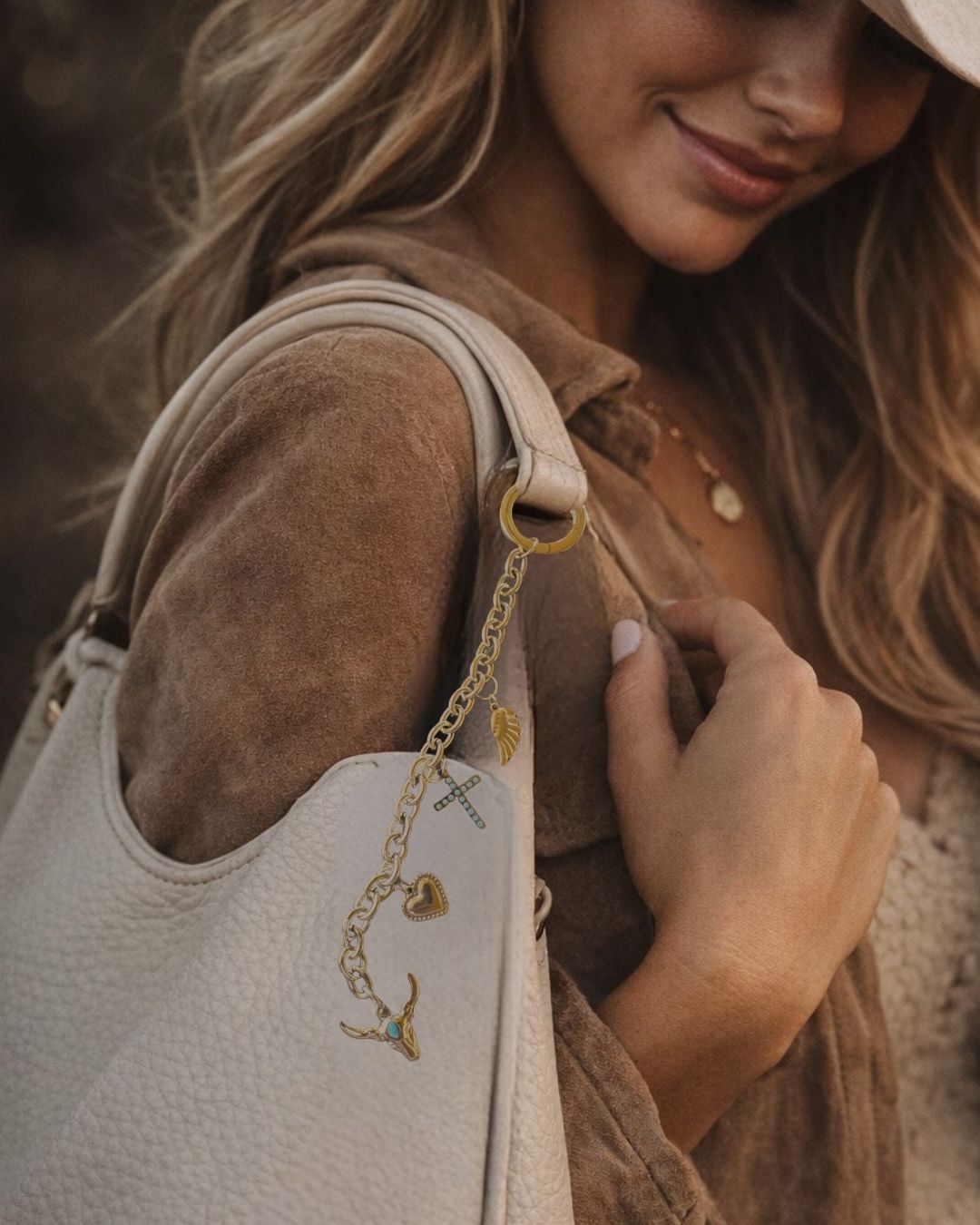 Western Cowgirl Gold Bag Charm Chain – Purse Charm with Cross, Heart & Turquoise, Bull Details