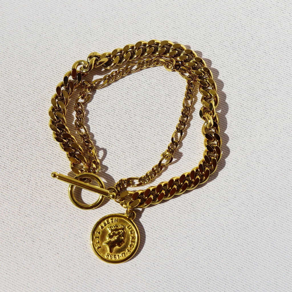 Empire Coin Bracelet, 18K Gold Plated Steel – Waterproof Gold Jewelry – Aella Jewelry Co.
