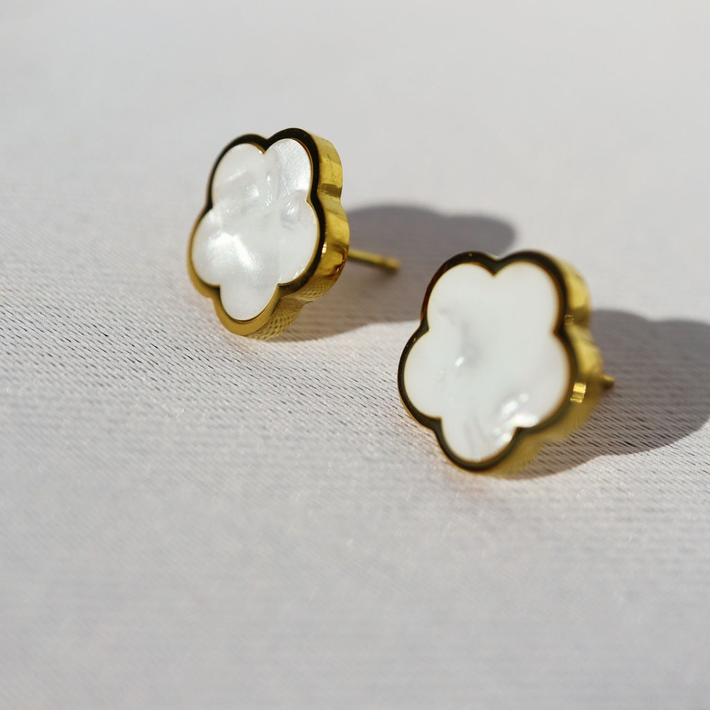 Blooming Pearl Stud Earrings, 18K Gold Plated Steel