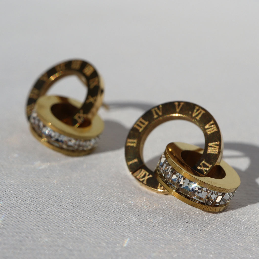 Roman Crystal Duo Hoop Earrings, 18K Gold Plated Steel – Waterproof Gold Jewelry – Aella Jewelry Co.