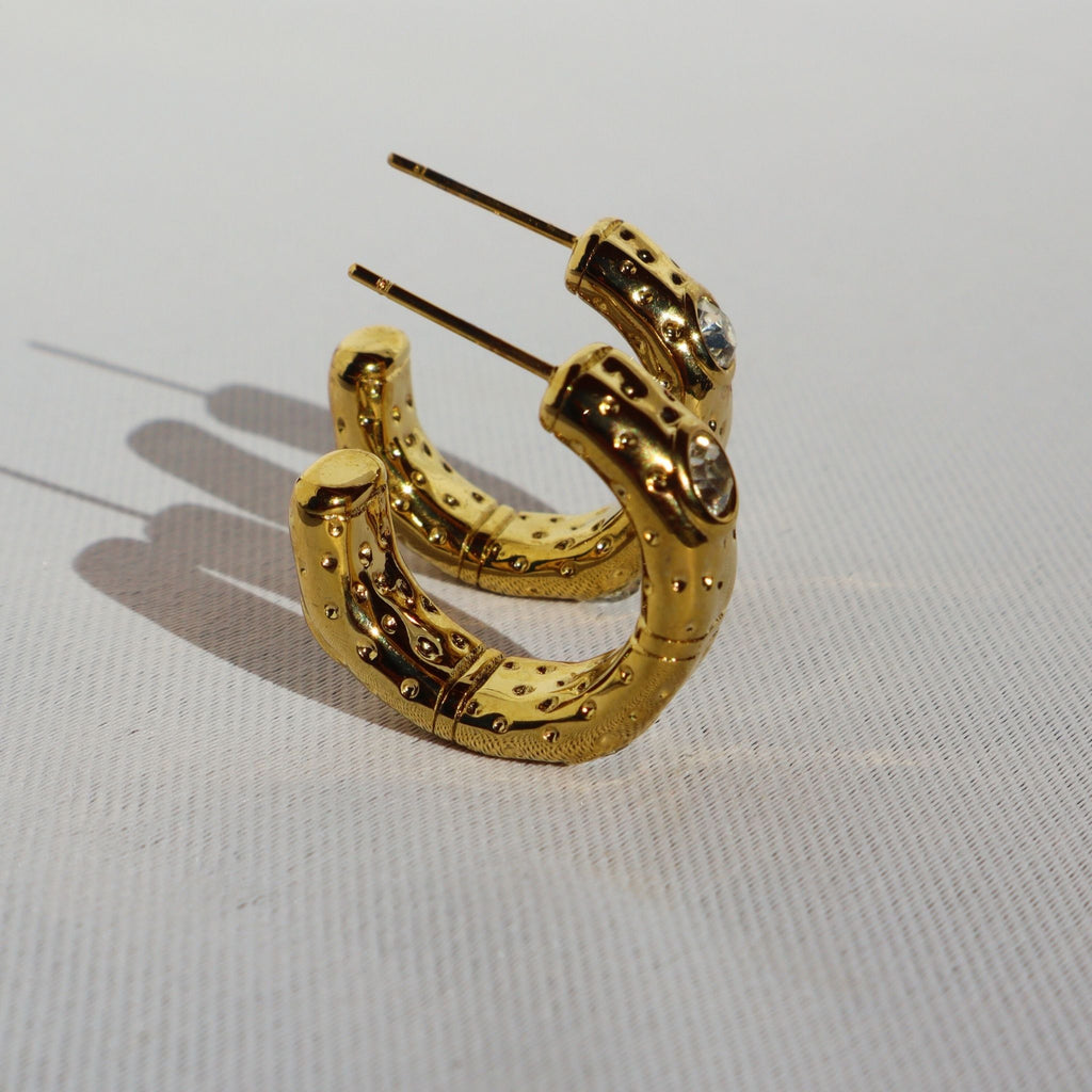 Bold Crystal Hammered Hoop Earrings, 18K Gold Plated Steel