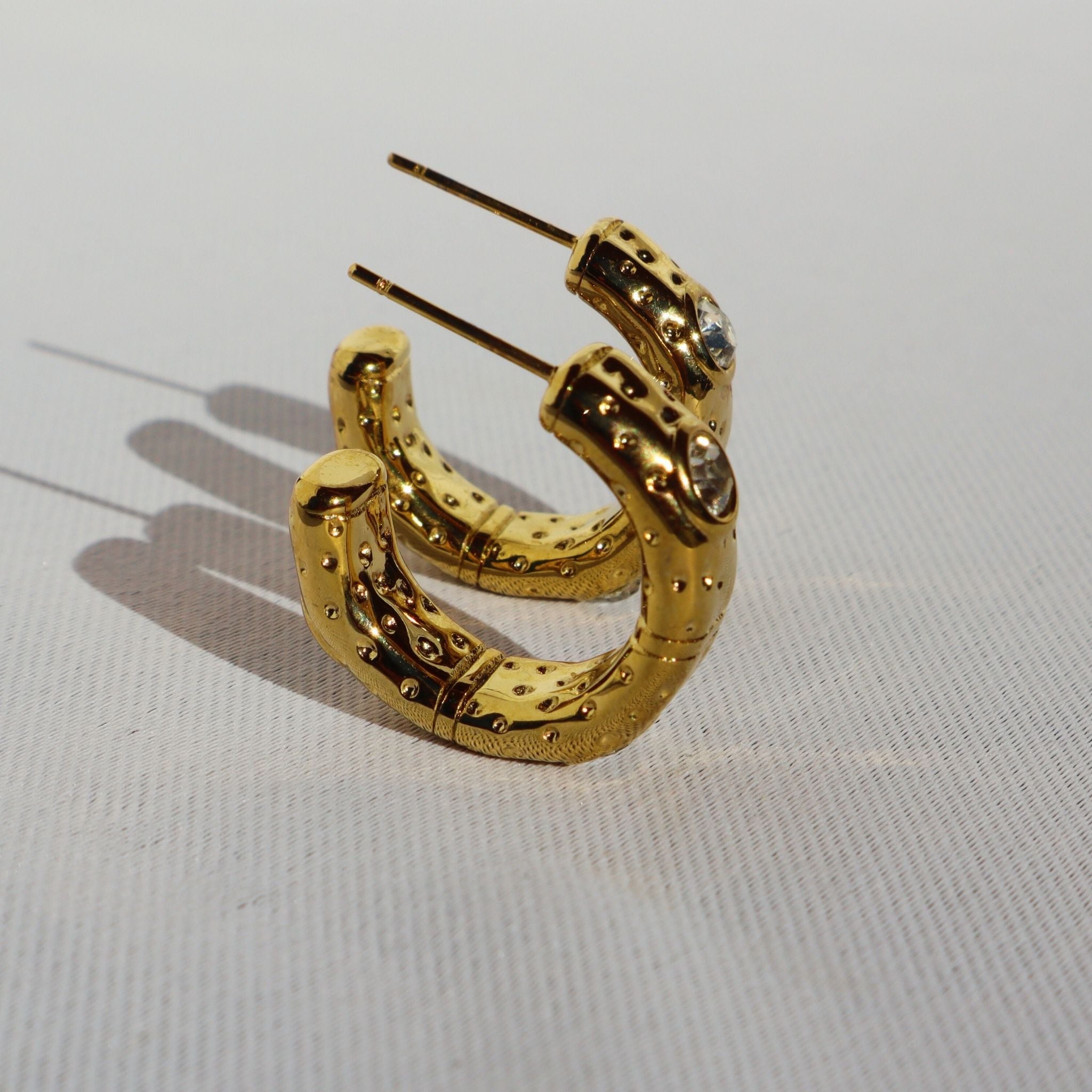 Bold Crystal Hammered Hoop Earrings, 18K Gold Plated Steel