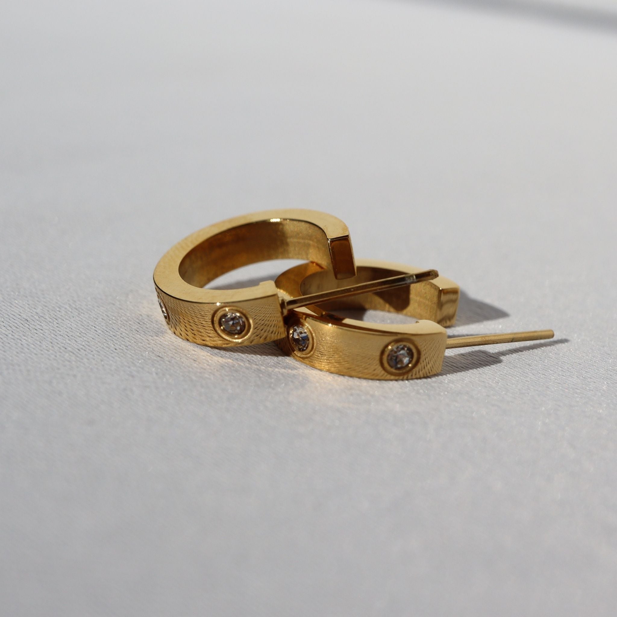 Crystal Bezel Hoop Earrings, 18K Gold Plated Steel