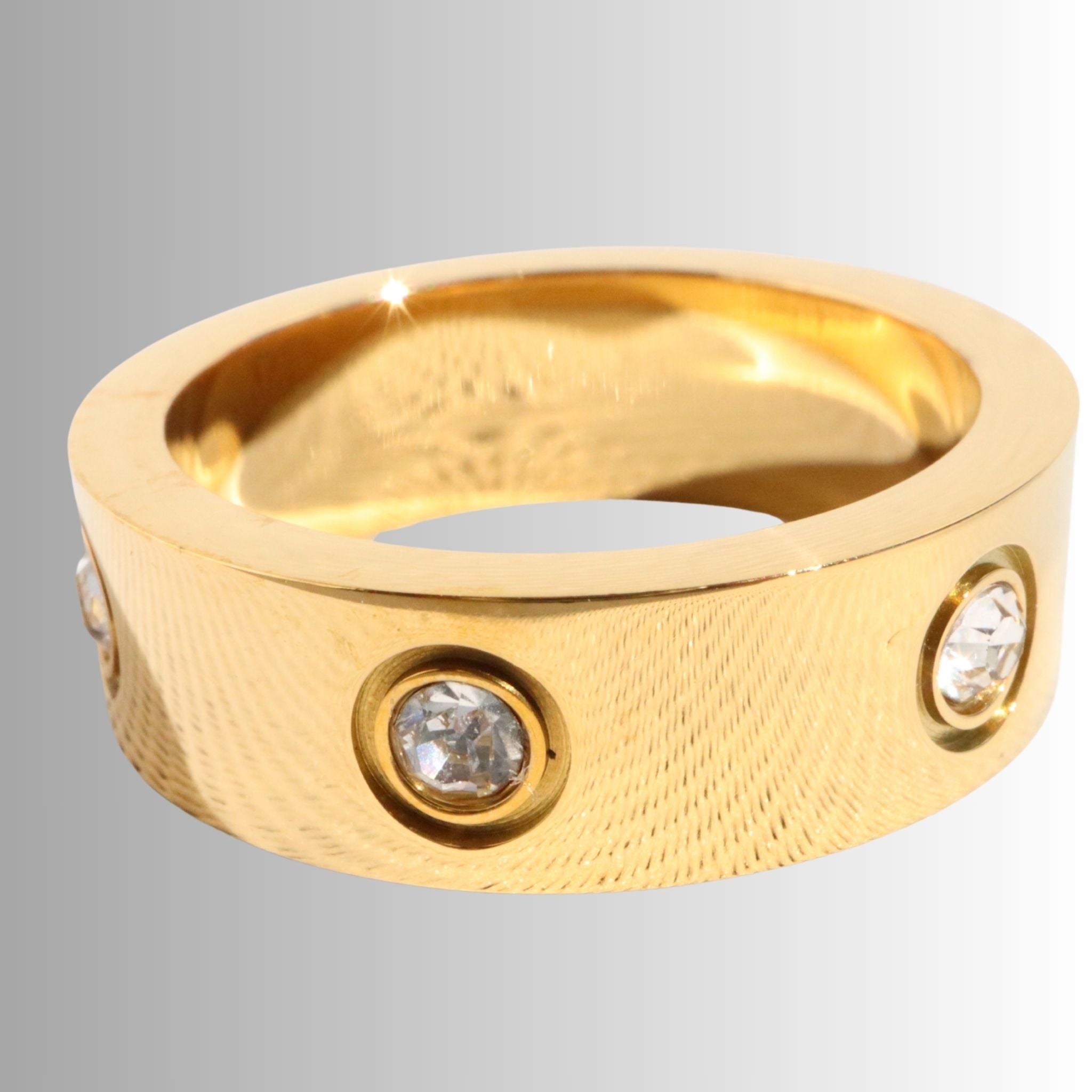 Thick Halo CZ Gold Band – Waterproof Tarnish-Free Ring, 18K Gold Plated Steel