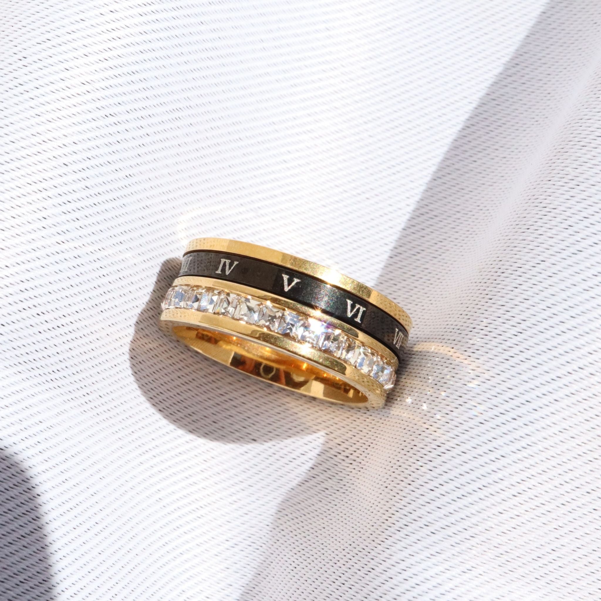 Roman Numerals Black & Cubic Zirconia Ring, 18K Gold Plated Steel