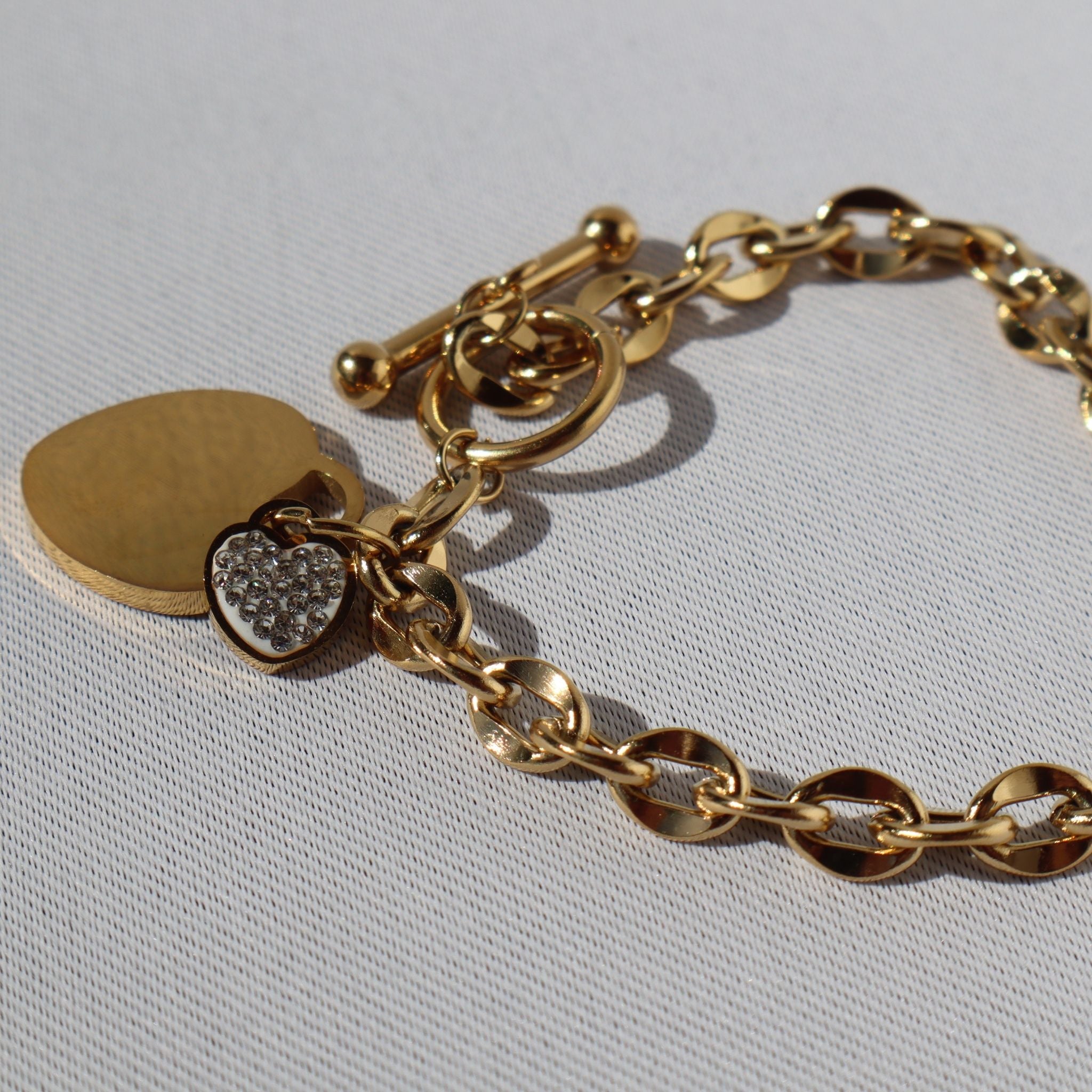 Heart Charm Toggle Bracelet, 18K Gold Plated Steel