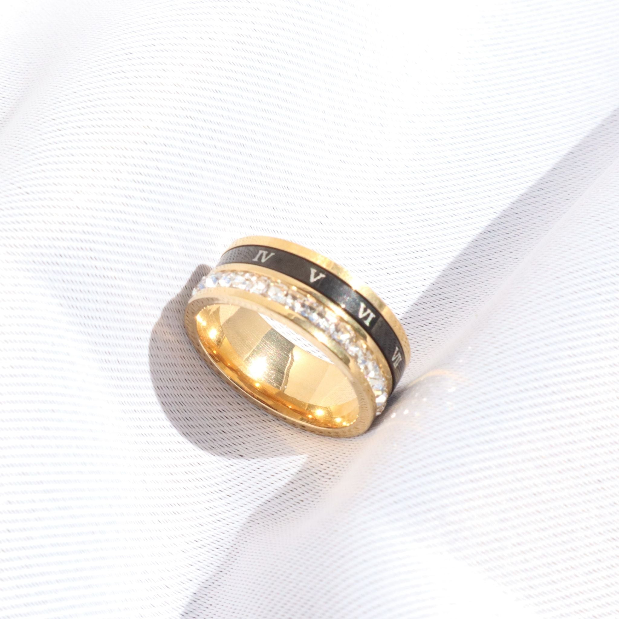 Roman Numerals Black & Cubic Zirconia Ring, 18K Gold Plated Steel
