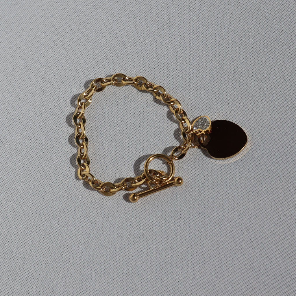 Heart Charm Toggle Bracelet, 18K Gold Plated Steel