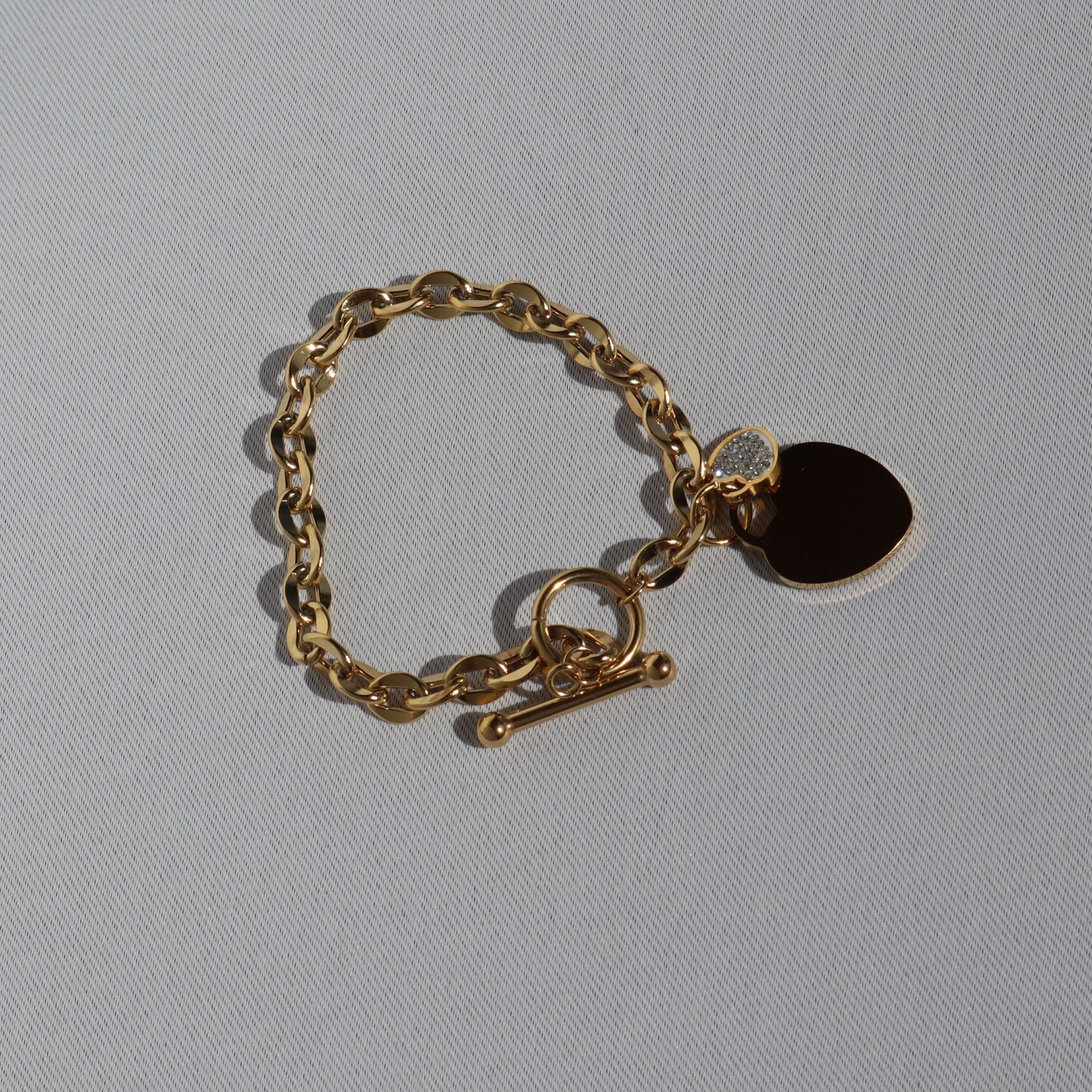 Heart Charm Toggle Bracelet, 18K Gold Plated Steel