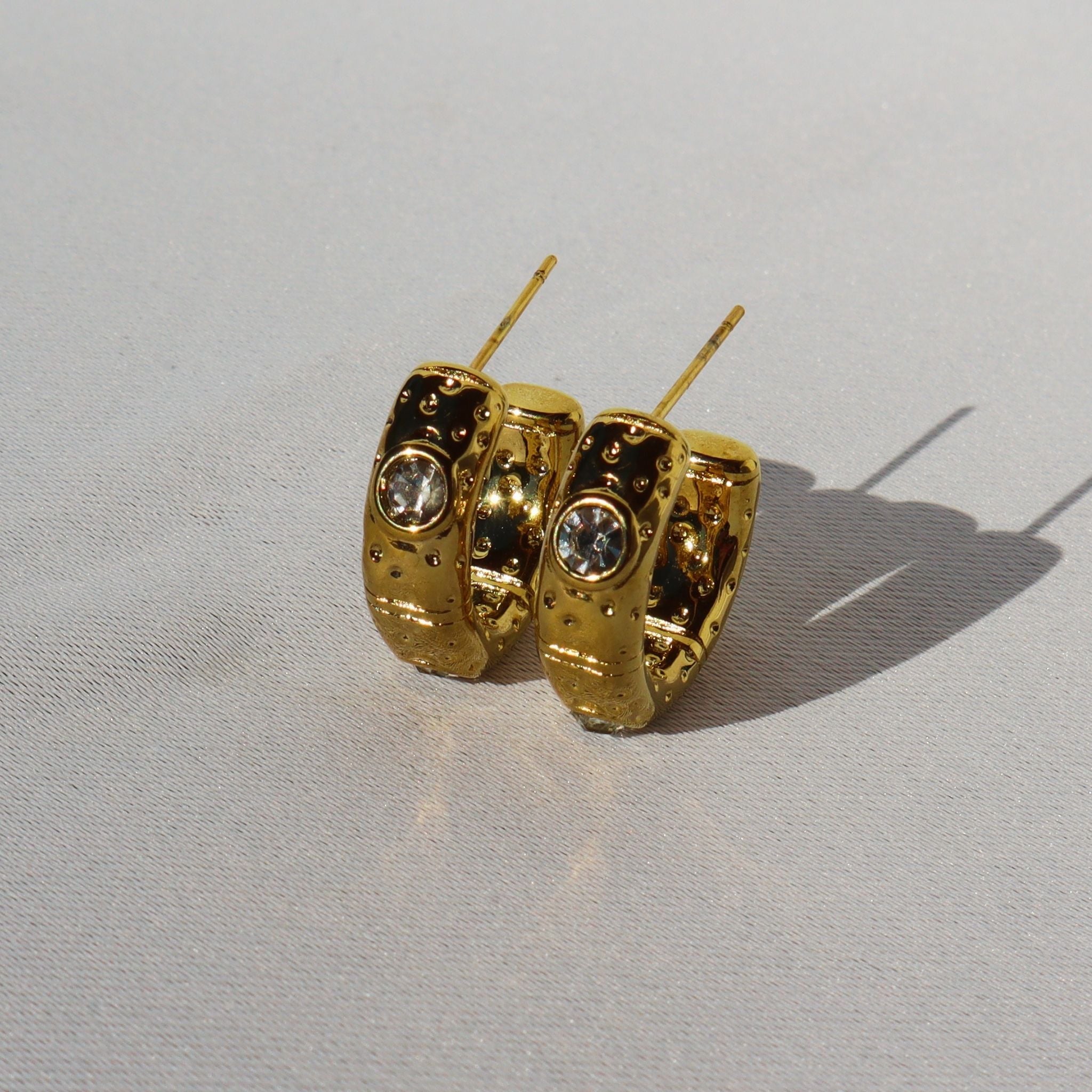 Bold Crystal Hammered Hoop Earrings, 18K Gold Plated Steel