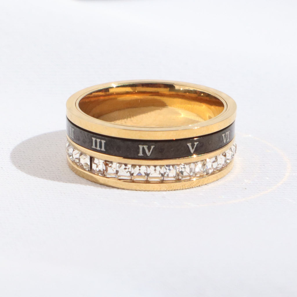 Roman Numerals Black & Cubic Zirconia Ring, 18K Gold Plated Steel – Waterproof Gold Jewelry – Aella Jewelry Co.