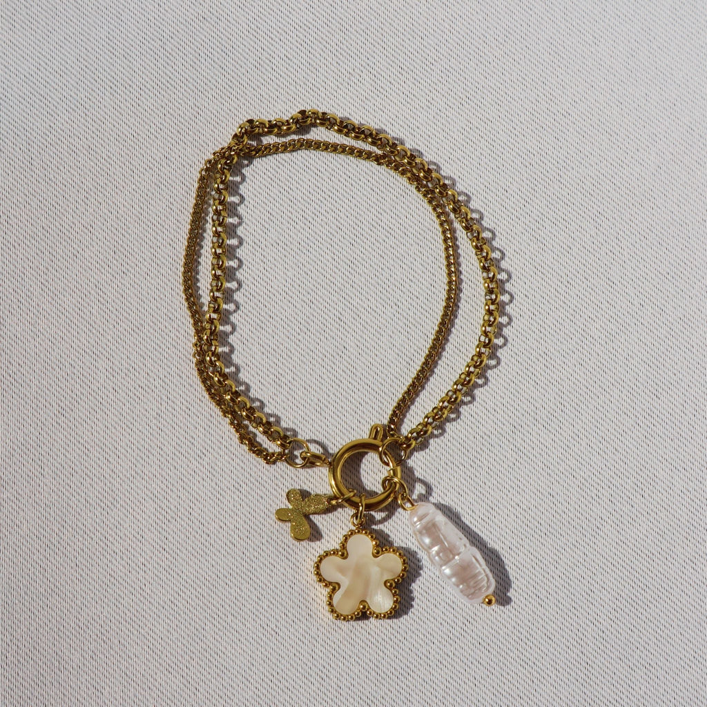 Pearl Charm Cluster Bracelet, 18K Gold Plated Steel (petite fit - runs small) – Waterproof Gold Jewelry – Aella Jewelry Co.