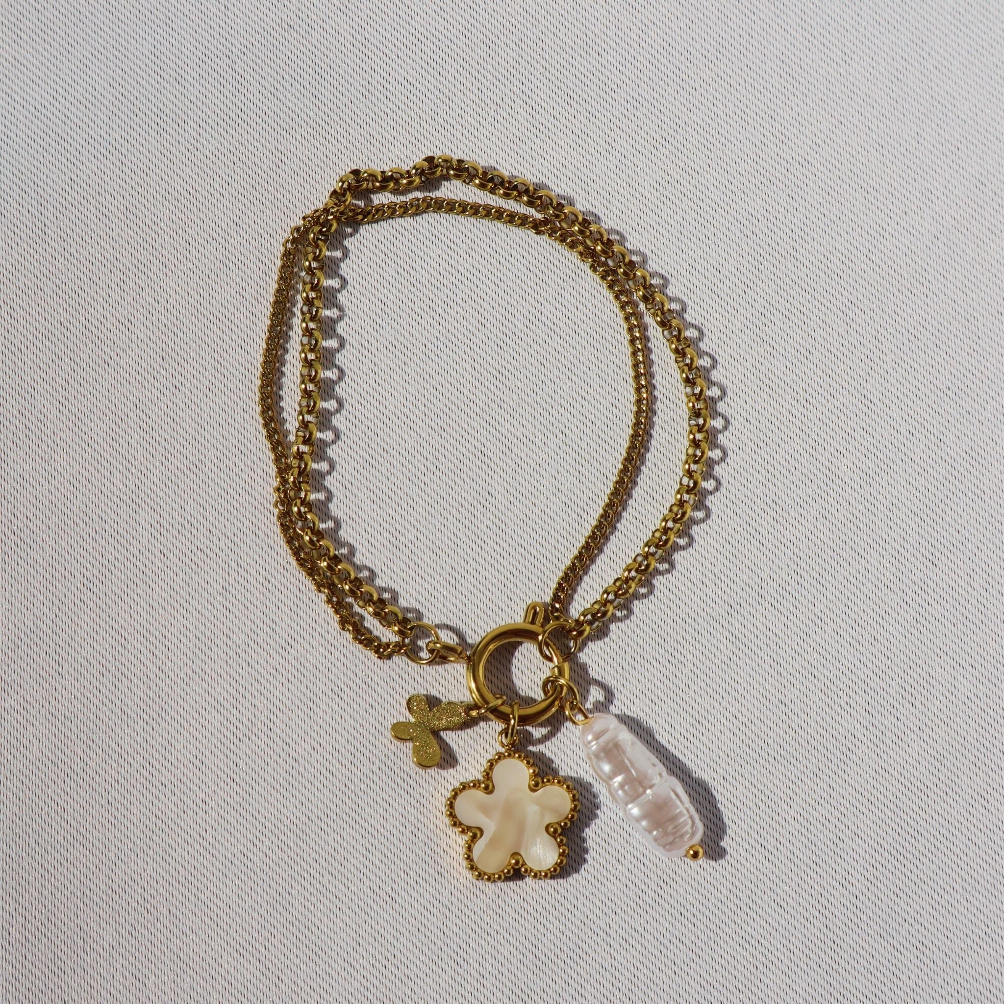Pearl Charm Cluster Bracelet, 18K Gold Plated Steel (petite fit - runs small) – Waterproof Gold Jewelry – Aella Jewelry Co.
