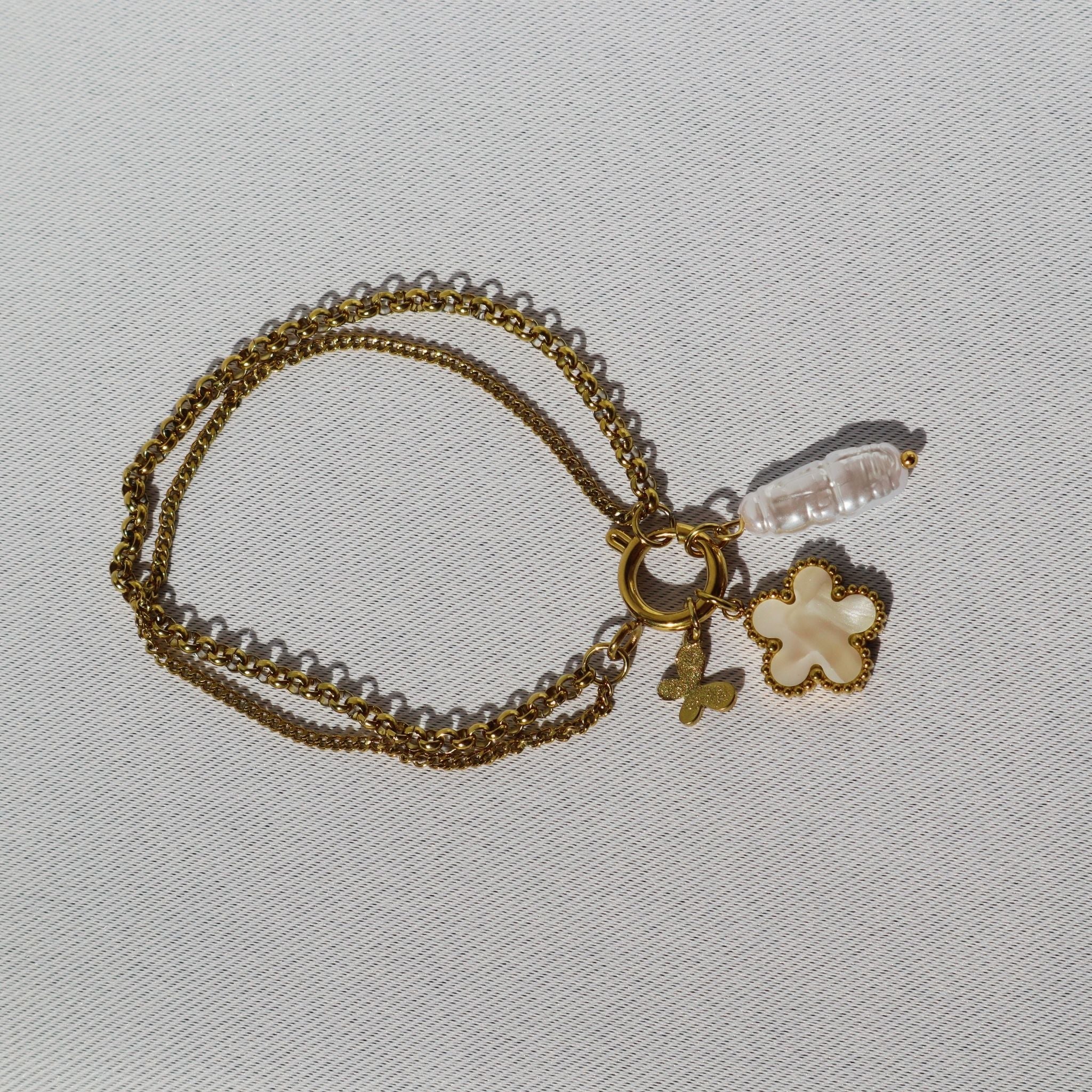 Pearl Charm Cluster Bracelet, 18K Gold Plated Steel (petite fit - runs small) – Waterproof Gold Jewelry – Aella Jewelry Co.
