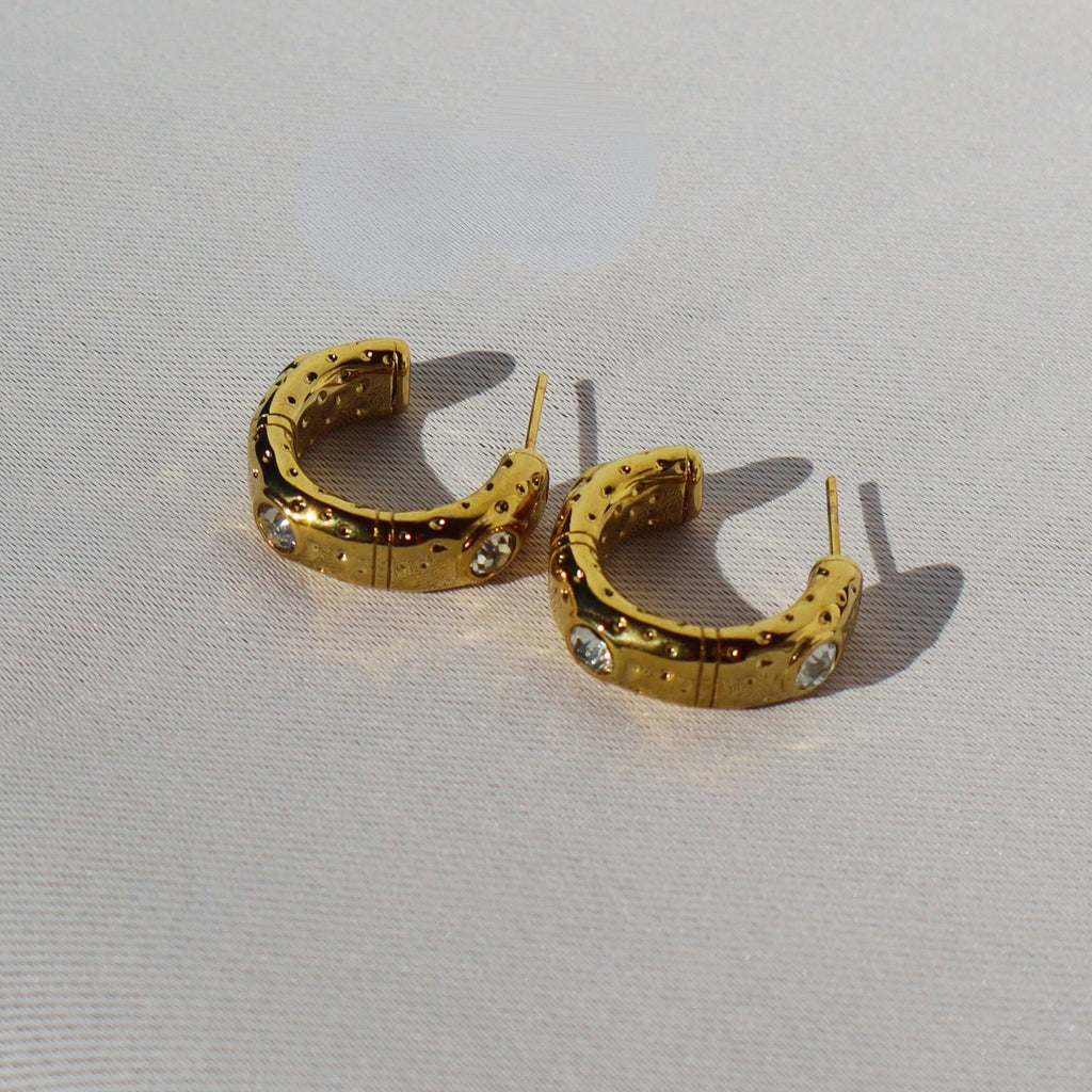 Bold Crystal Hammered Hoop Earrings, 18K Gold Plated Steel