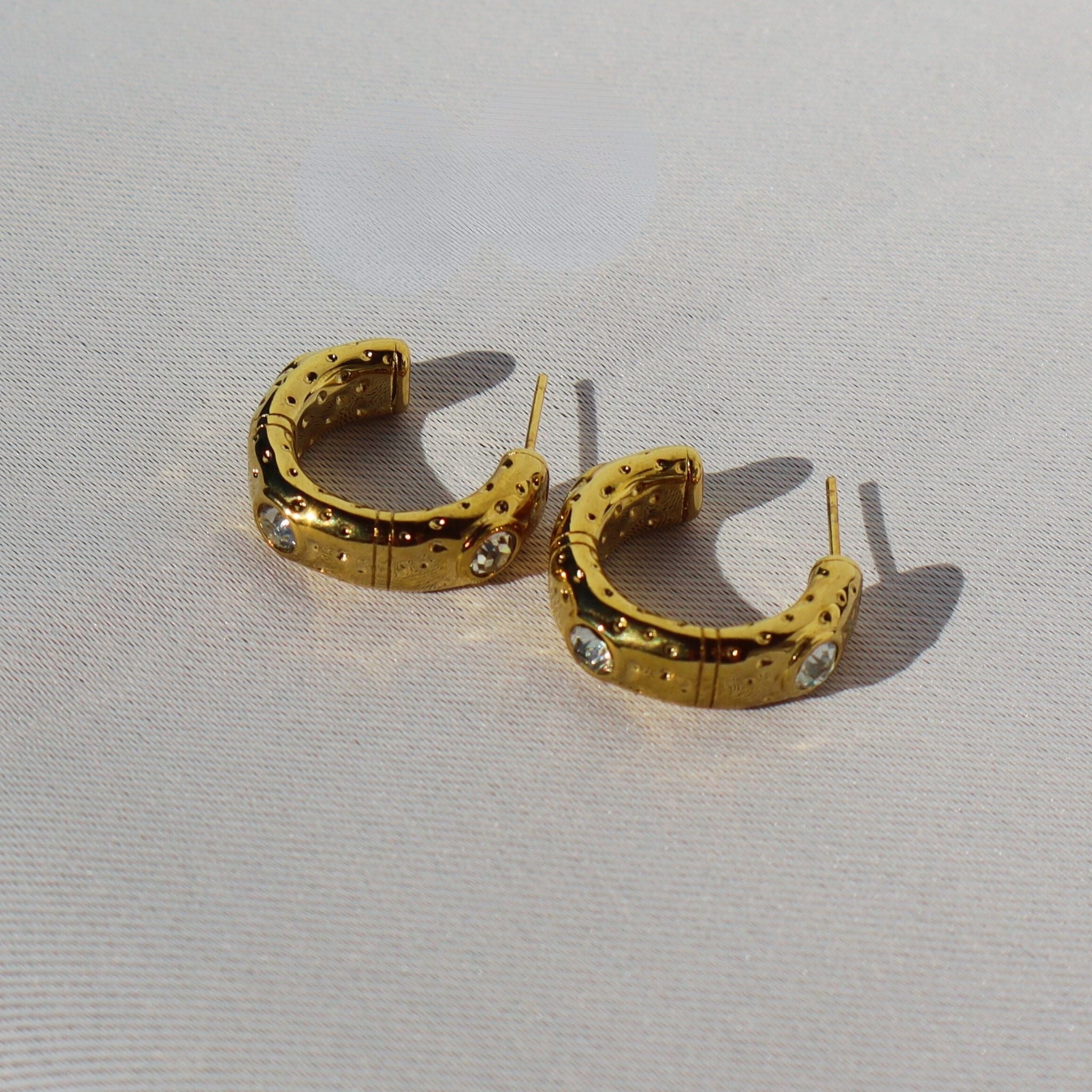 Bold Crystal Hammered Hoop Earrings, 18K Gold Plated Steel