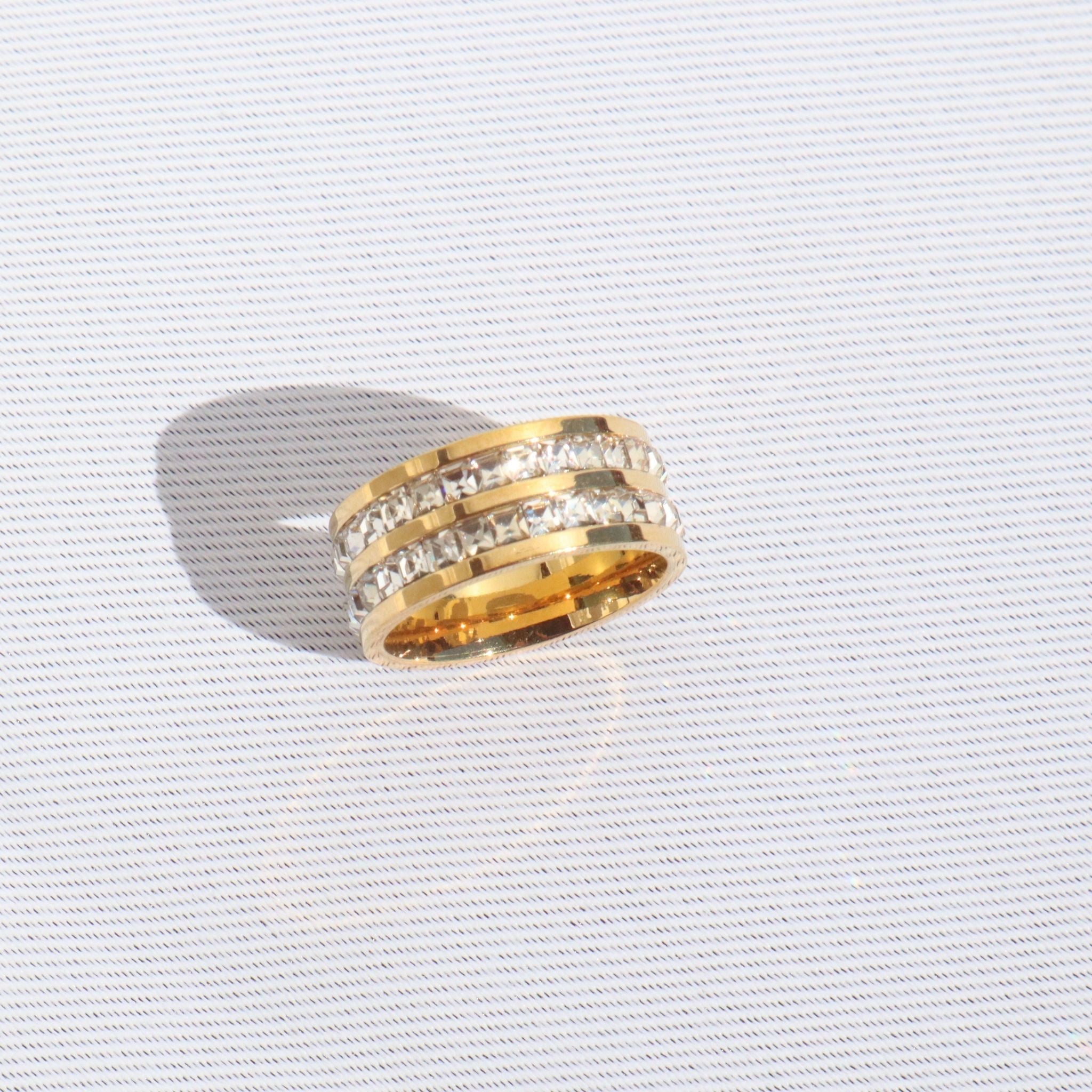 Gems and Gold Stacked Ring, 18K Gold Plated Steel