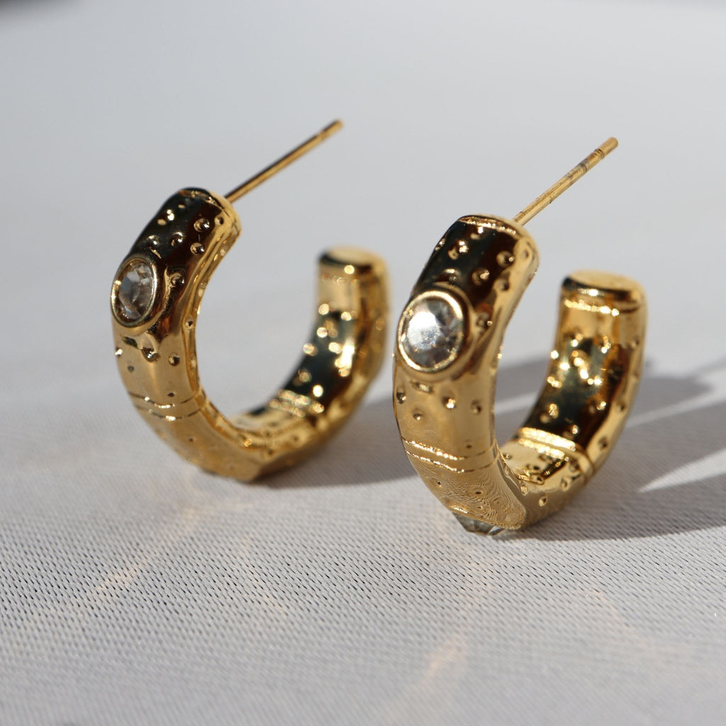 Bold Crystal Hammered Hoop Earrings, 18K Gold Plated Steel