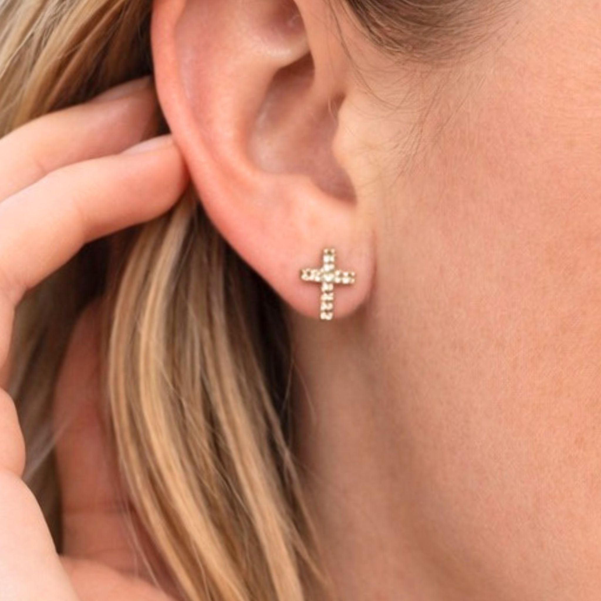 Dainty Gold Cross Stud Earrings – Crystal, Waterproof & Hypoallergenic