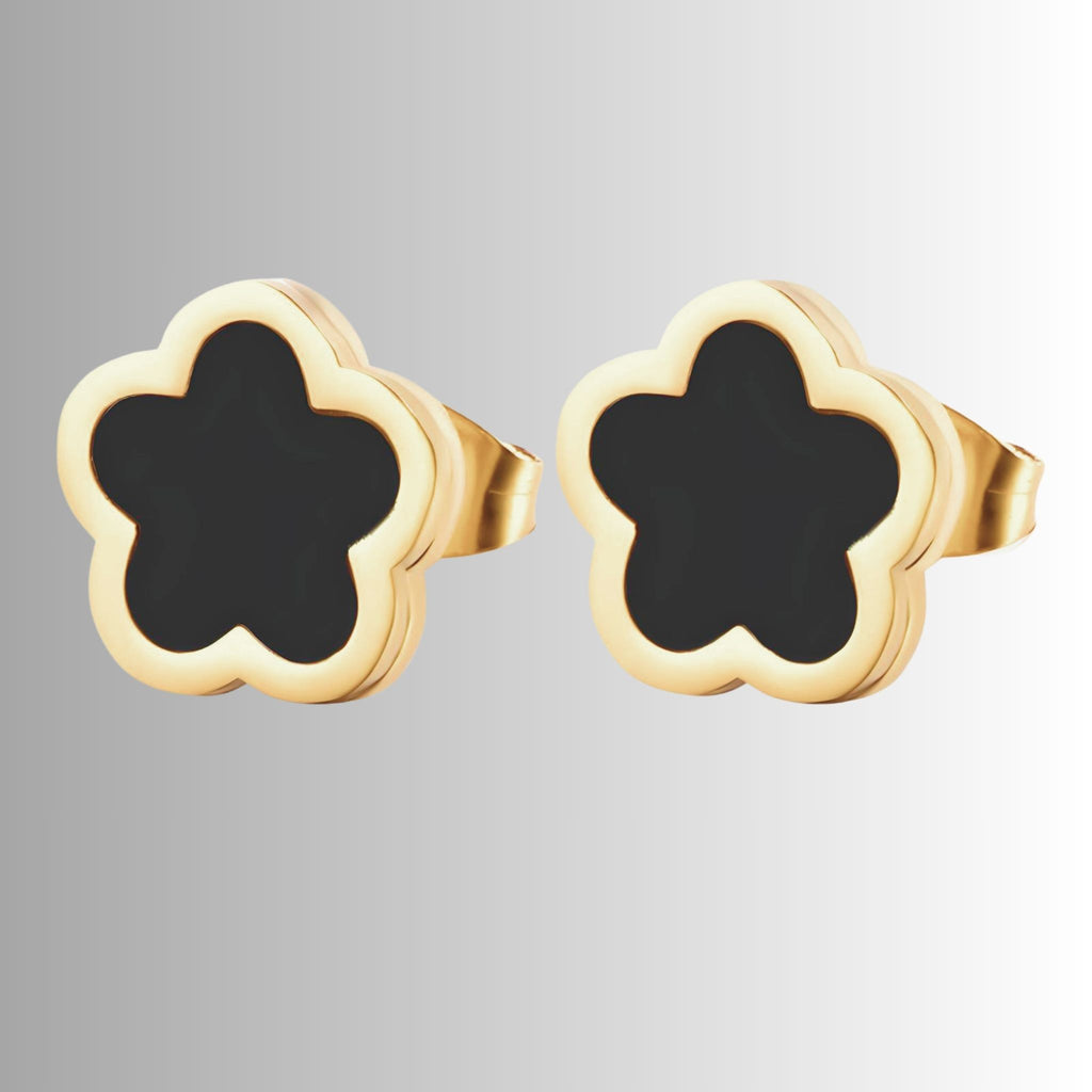 Black Bloom Stud Earrings, 18K Gold Plated Steel – Waterproof Gold Jewelry – Aella Jewelry Co.