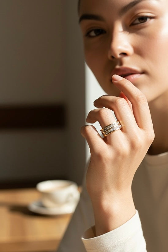 Gems and Gold Stacked Ring, 18K Gold Plated Steel