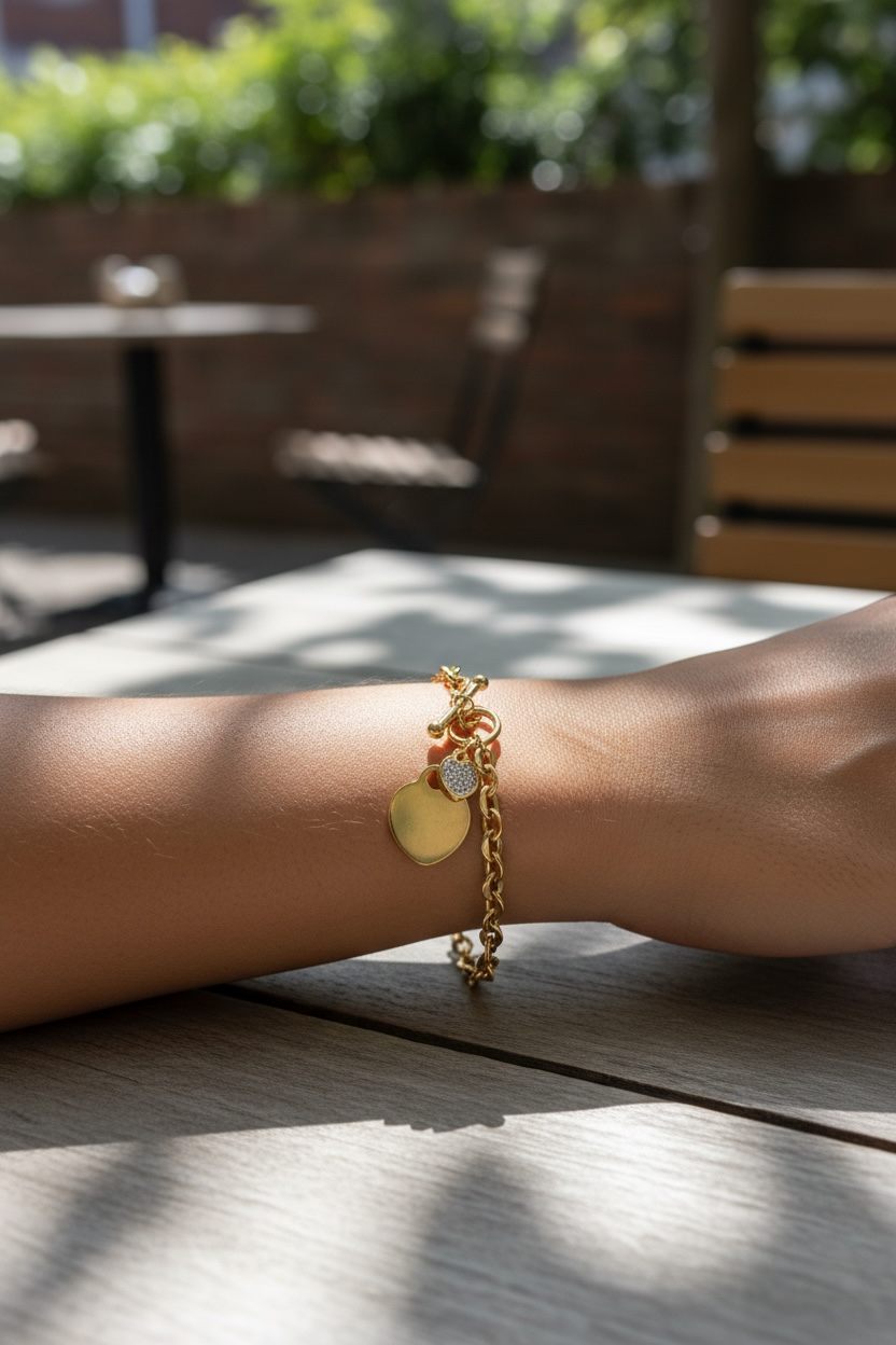 Heart Charm Toggle Bracelet, 18K Gold Plated Steel