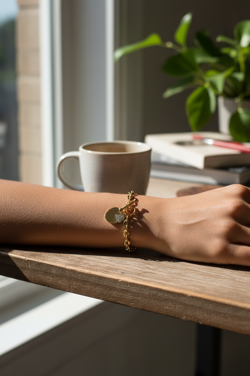 Heart Charm Toggle Bracelet, 18K Gold Plated Steel