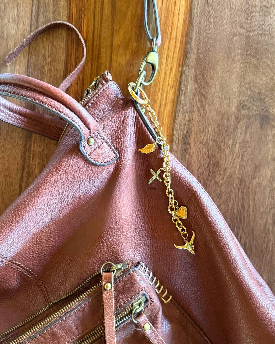 Western Gold Bag Charm Chain – PVD Waterproof Purse Charm with Cross, Heart & Turquoise Details