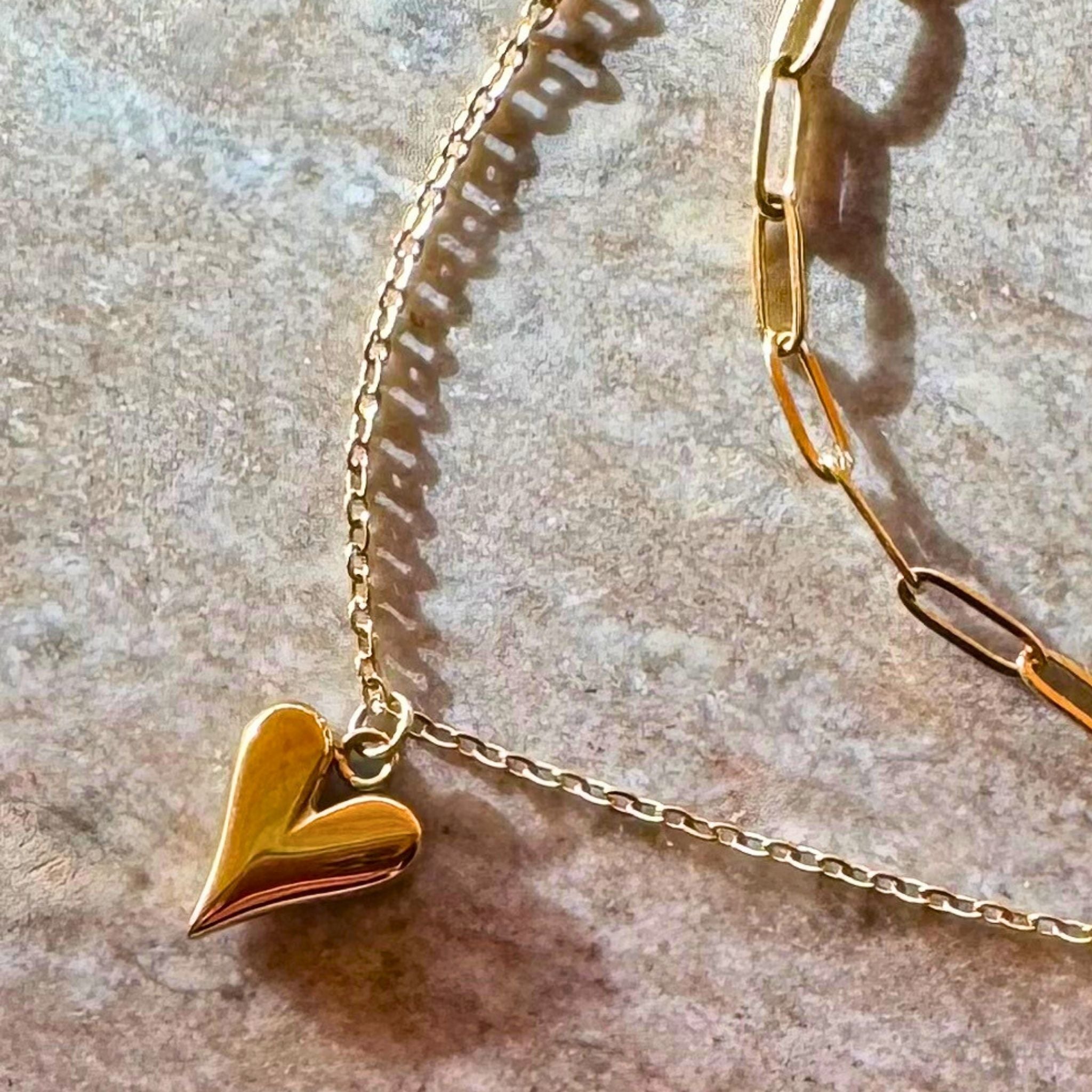 Paperclip Heart Necklace – Waterproof 18K Gold PVD Layered Stainless Steel (15” + 18”)
