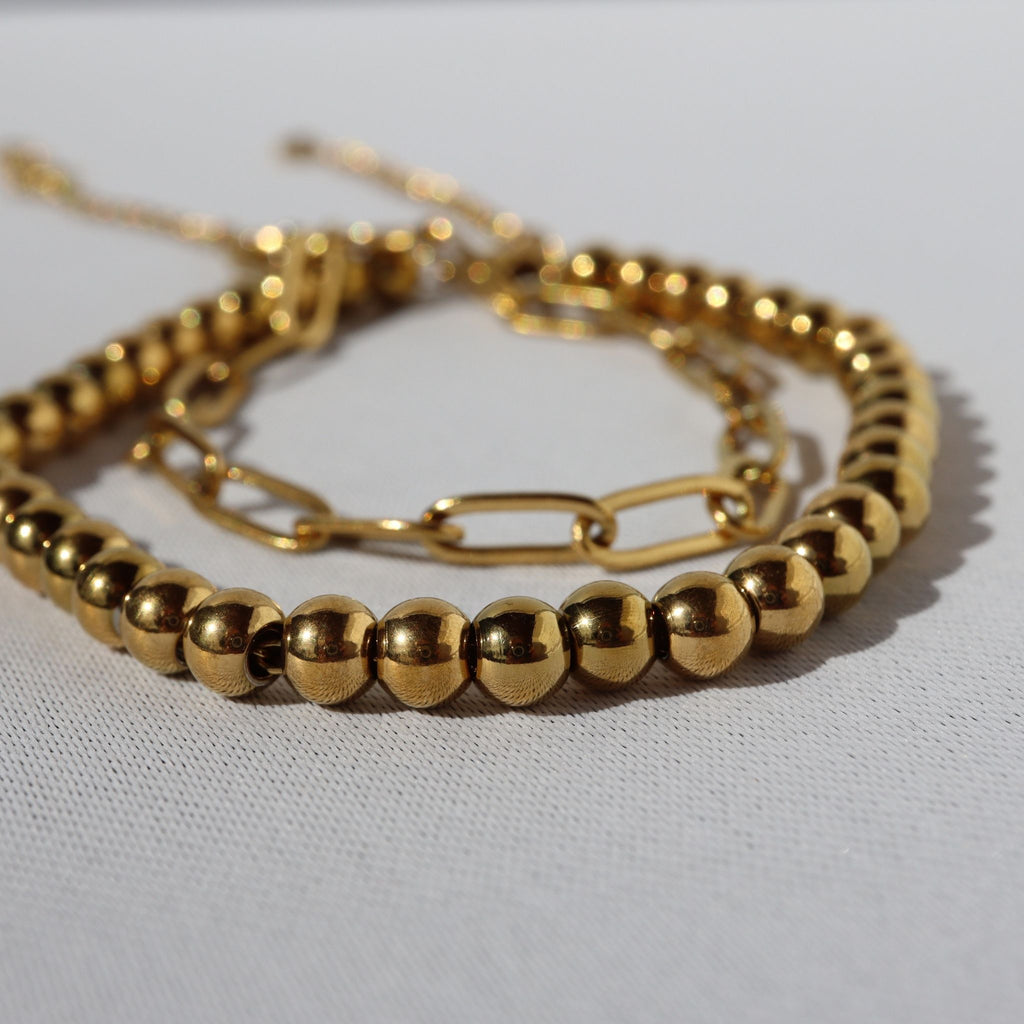 Duo Link & Bead Layered Bracelet Set – 18K Gold Plated Stainless Steel – Waterproof Gold Jewelry – Aella Jewelry Co.