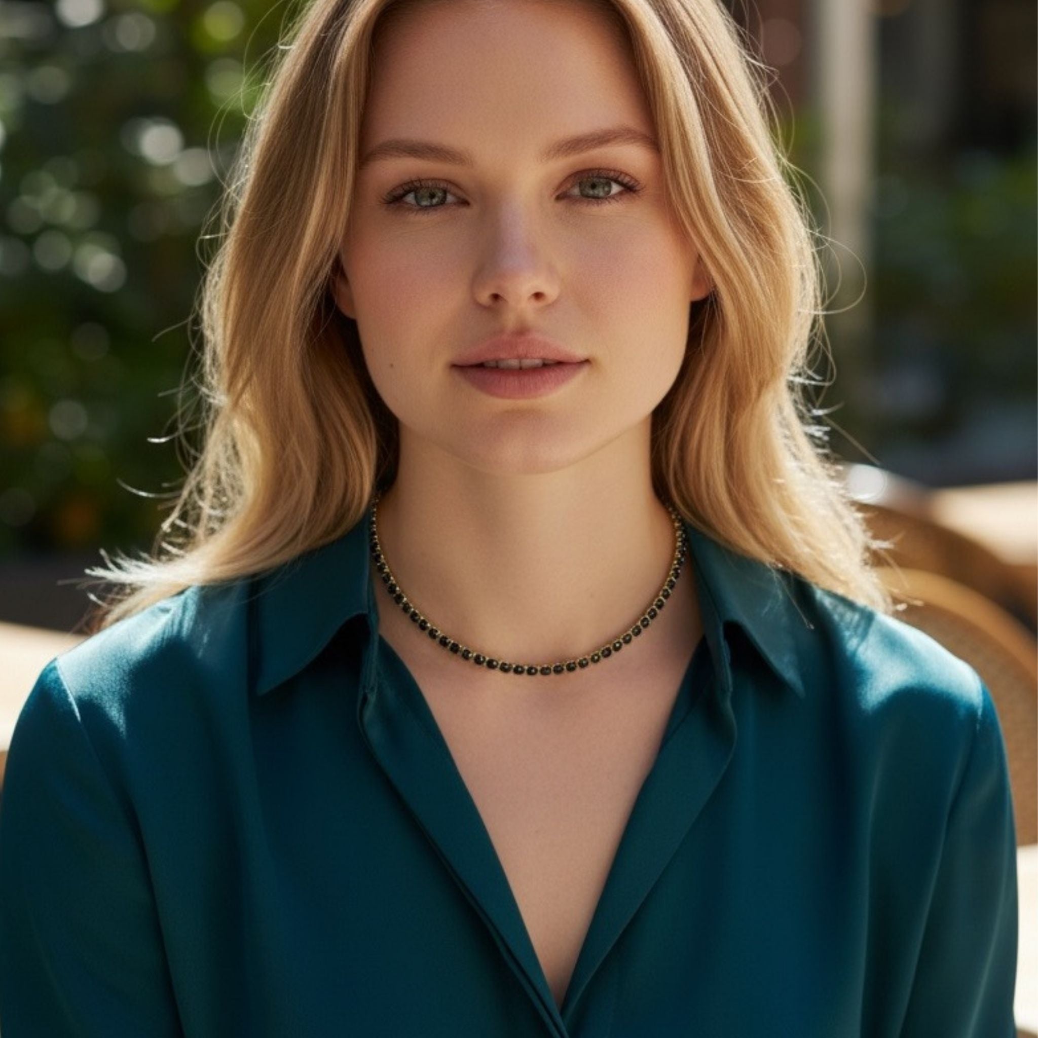 Jet Rhinestone Tennis Chain Necklace 18K Gold PVD Stainless Steel