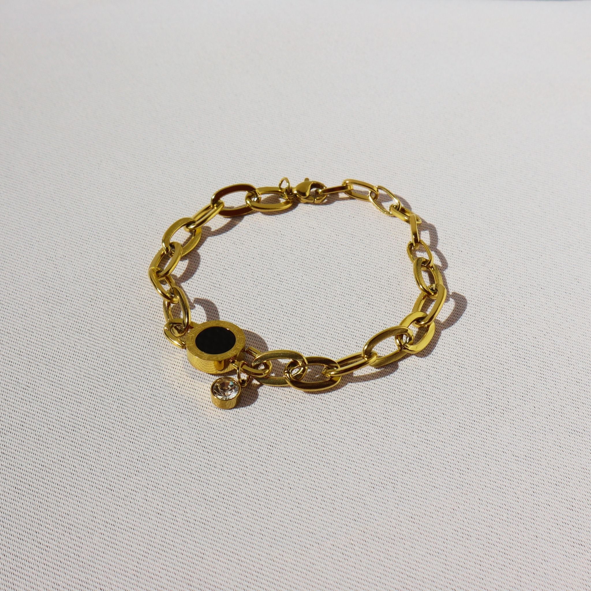 Midnight Medallion CZ Chain Bracelet – 18K Gold Plated Stainless Steel (Petite-runs small)