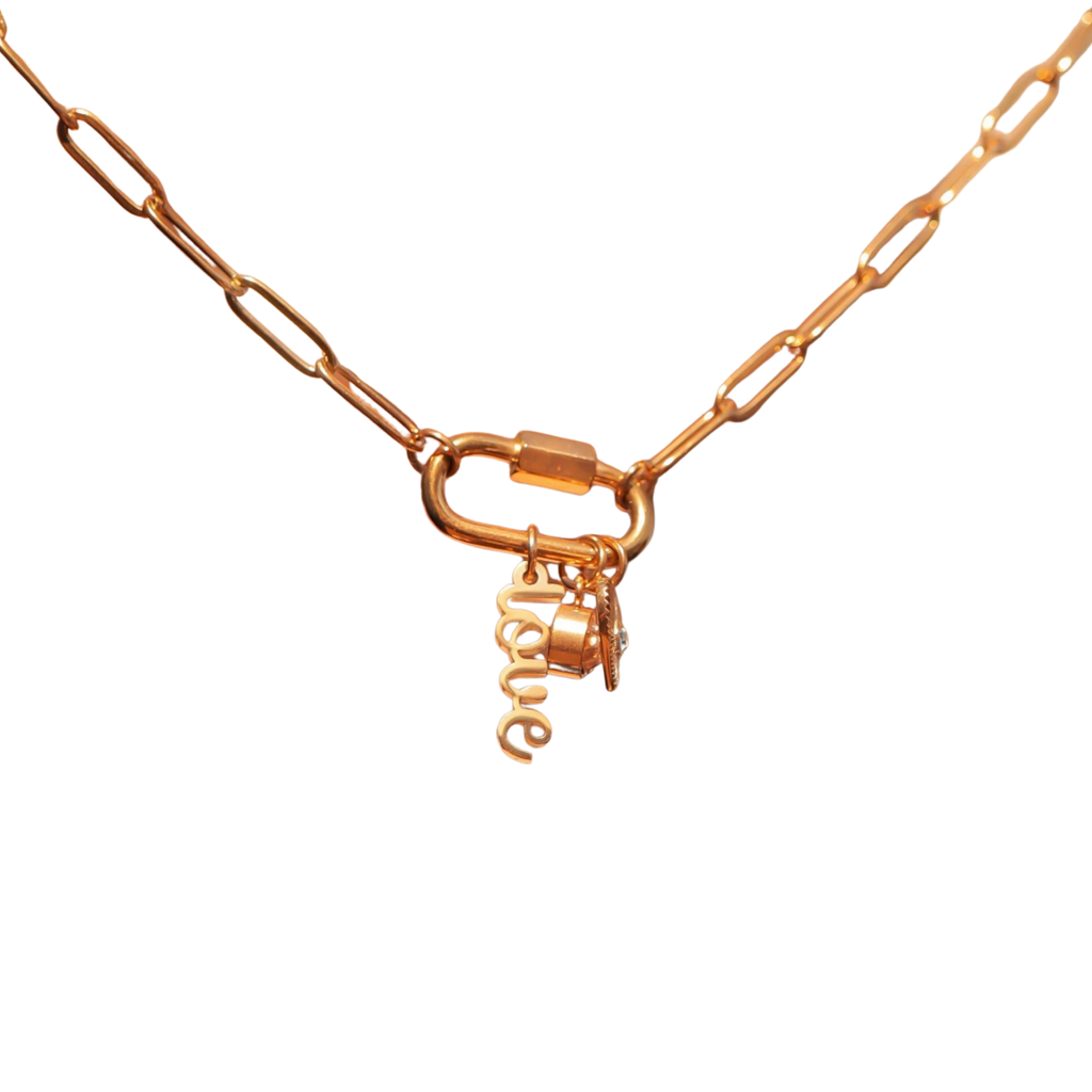 Custom Charm Carabiner Necklace – Gold Love Pendant with Heart & Crystal Charms (Waterproof, Tarnish-Resistant)