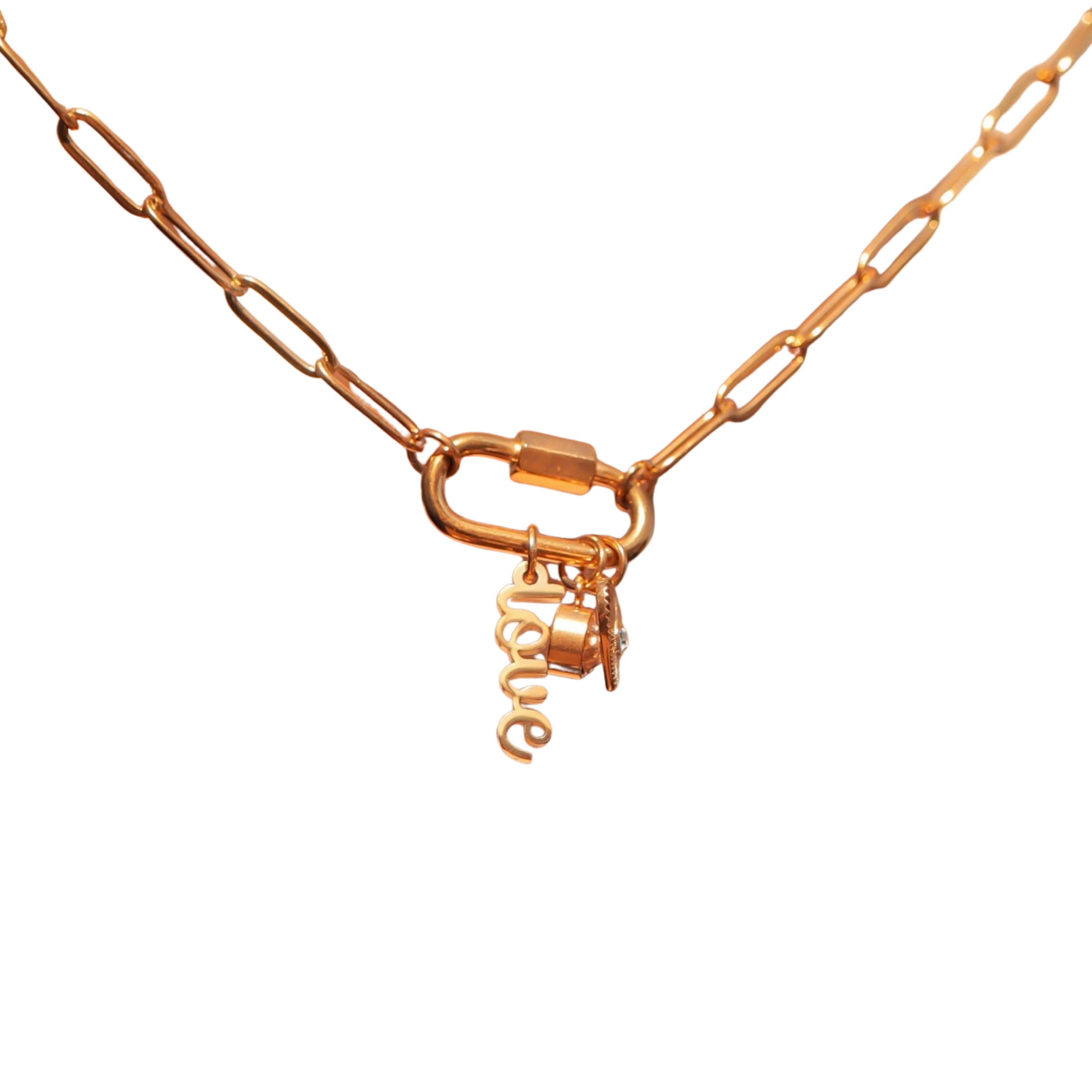 Custom Charm Carabiner Necklace – Gold Love Pendant with Heart & Crystal Charms (Waterproof, Tarnish-Resistant)