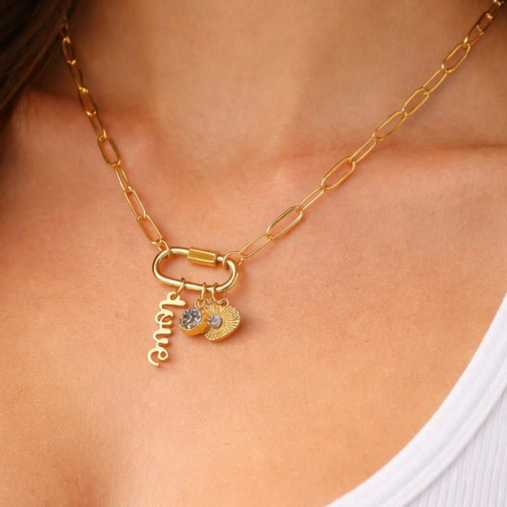 Custom Charm Carabiner Necklace – Gold Love Pendant with Heart & Crystal Charms (Waterproof, Tarnish-Resistant)