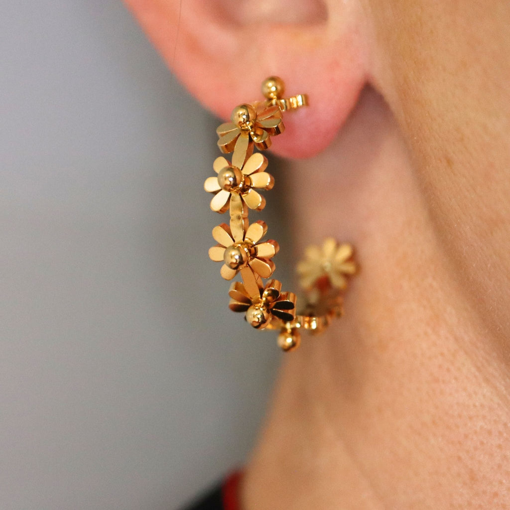 Soft Gold Flower Hoop Earrings – Waterproof, Hypoallergenic Stainless Steel Floral Hoops – Waterproof Gold Jewelry – Aella Jewelry Co.