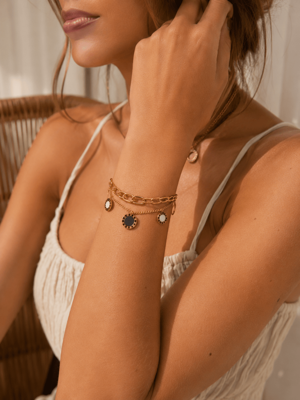 Roma Disc Charm Layered Bracelet – 18K Gold Plated Stainless Steel – Waterproof Gold Jewelry – Aella Jewelry Co.
