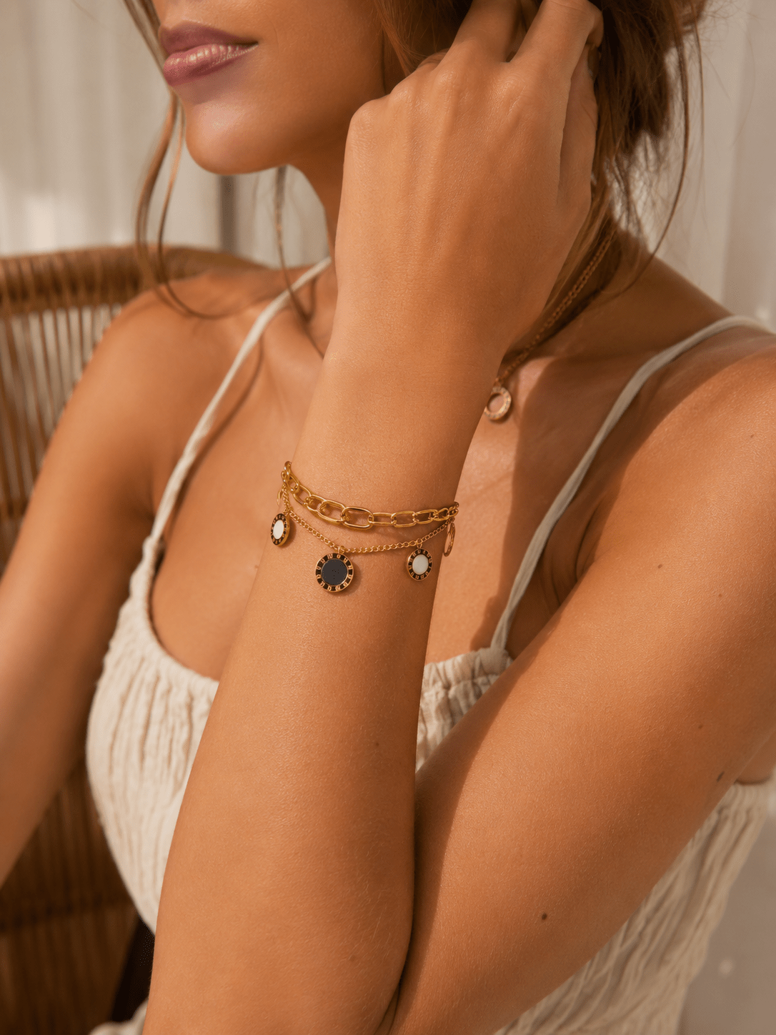 Roma Disc Charm Layered Bracelet – 18K Gold Plated Stainless Steel – Waterproof Gold Jewelry – Aella Jewelry Co.