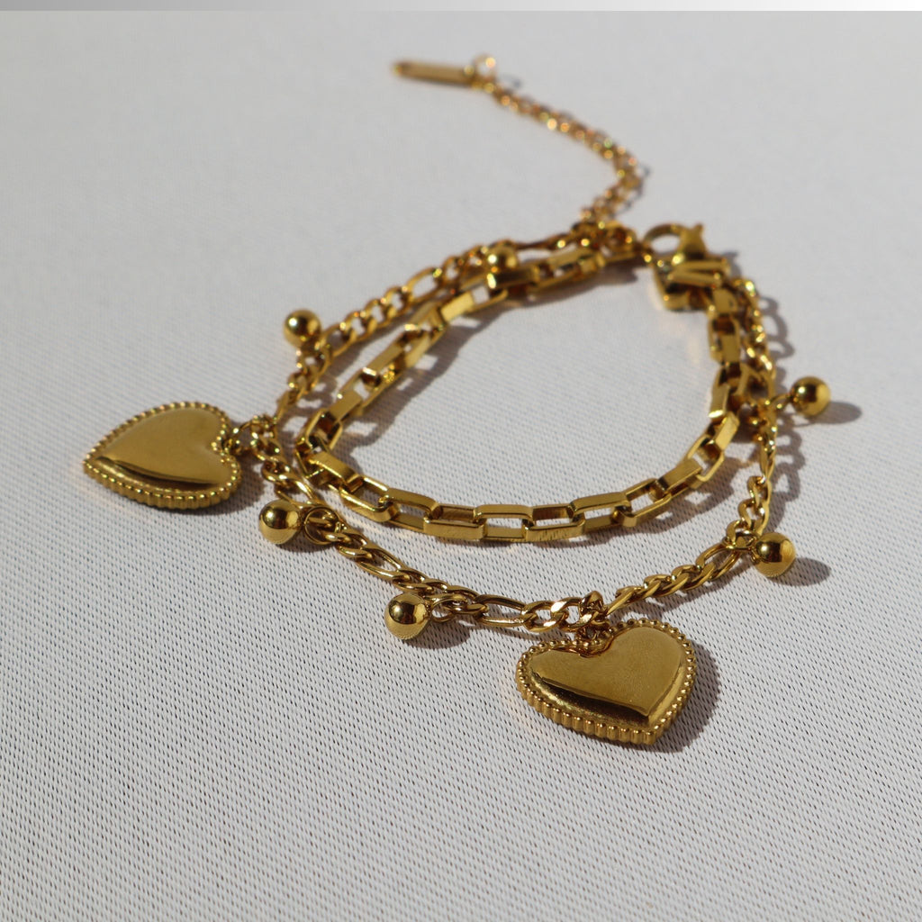 Double Heart Charm Layered Bracelet – 18K Gold Plated Stainless Steel – Waterproof Gold Jewelry – Aella Jewelry Co.