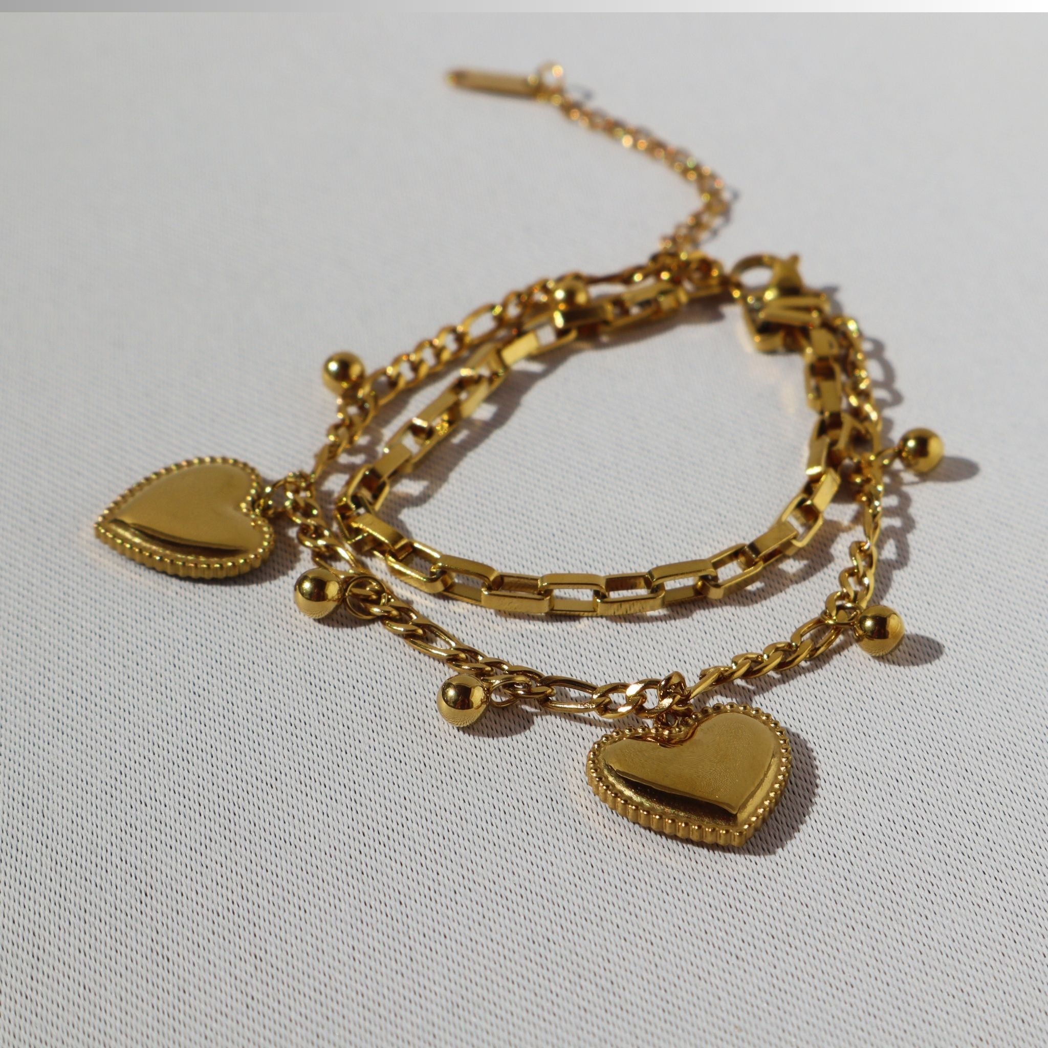 Double Heart Charm Layered Bracelet – 18K Gold Plated Stainless Steel