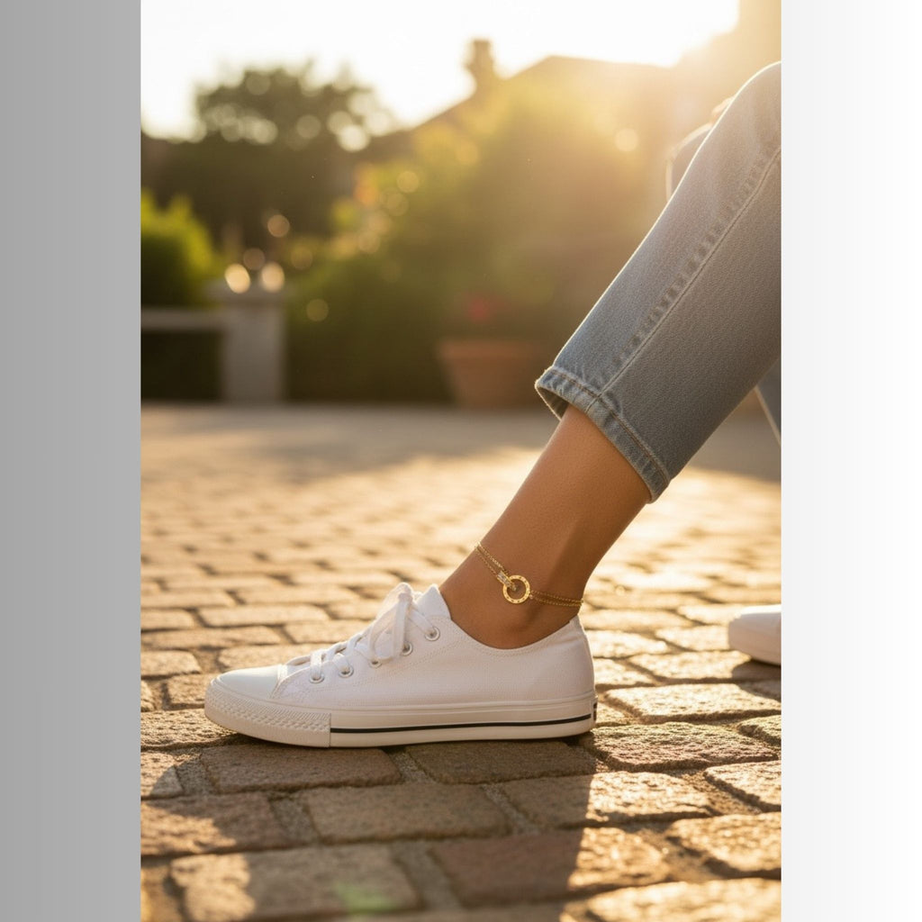 Eternity CZ Double Chain Anklet – 18K Gold Plated Stainless Steel – Waterproof Gold Jewelry – Aella Jewelry Co.