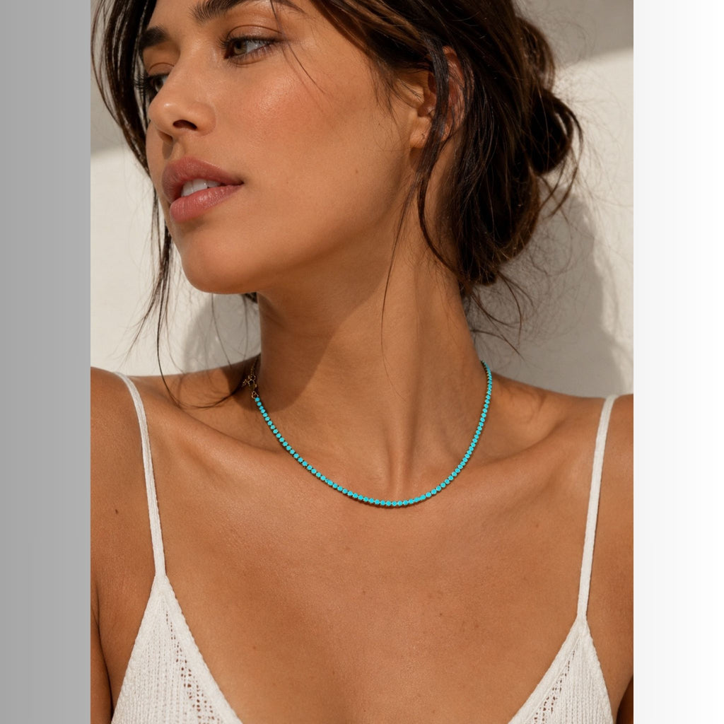 Turquoise Tennis Necklace – Waterproof Gold Beaded Necklace – Waterproof Gold Jewelry – Aella Jewelry Co.