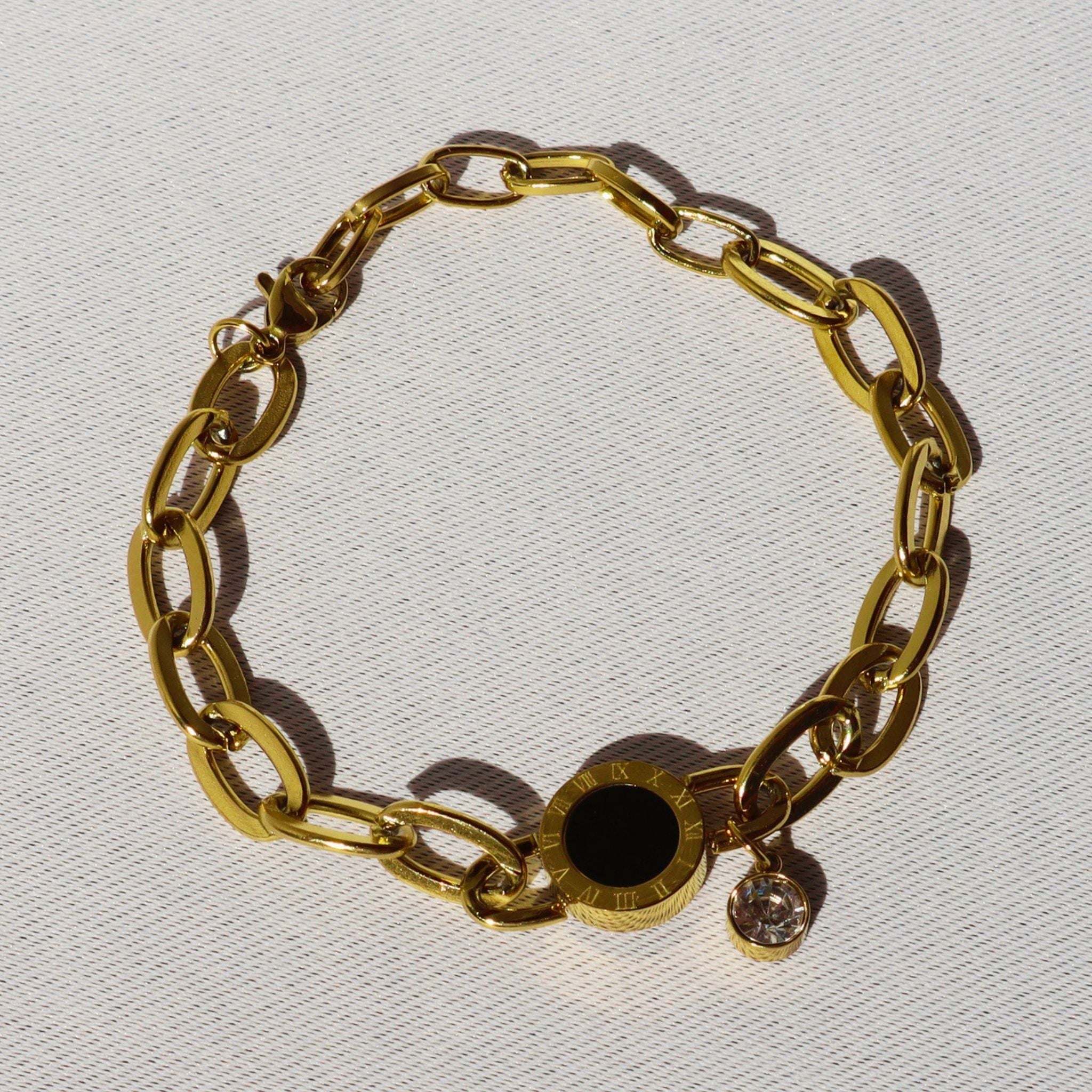 Midnight Medallion CZ Chain Bracelet – 18K Gold Plated Stainless Steel (Petite-runs small)