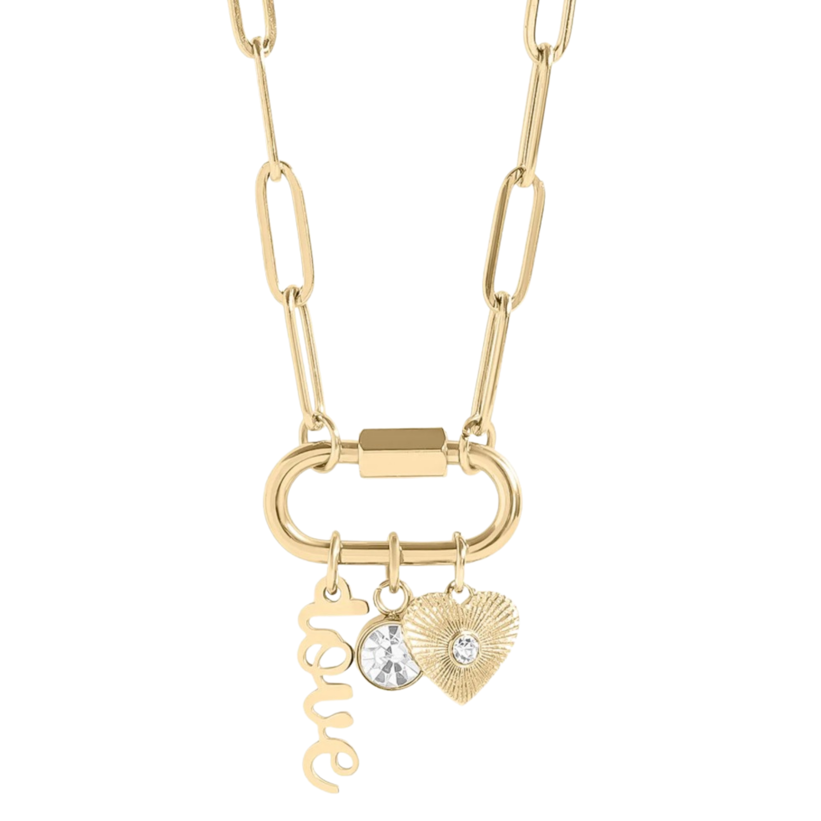 Custom Charm Carabiner Necklace – Gold Love Pendant with Heart & Crystal Charms (Waterproof, Tarnish-Resistant)