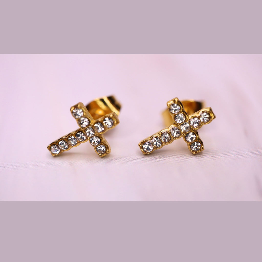 Dainty Gold Cross Stud Earrings – Crystal, Waterproof & Hypoallergenic