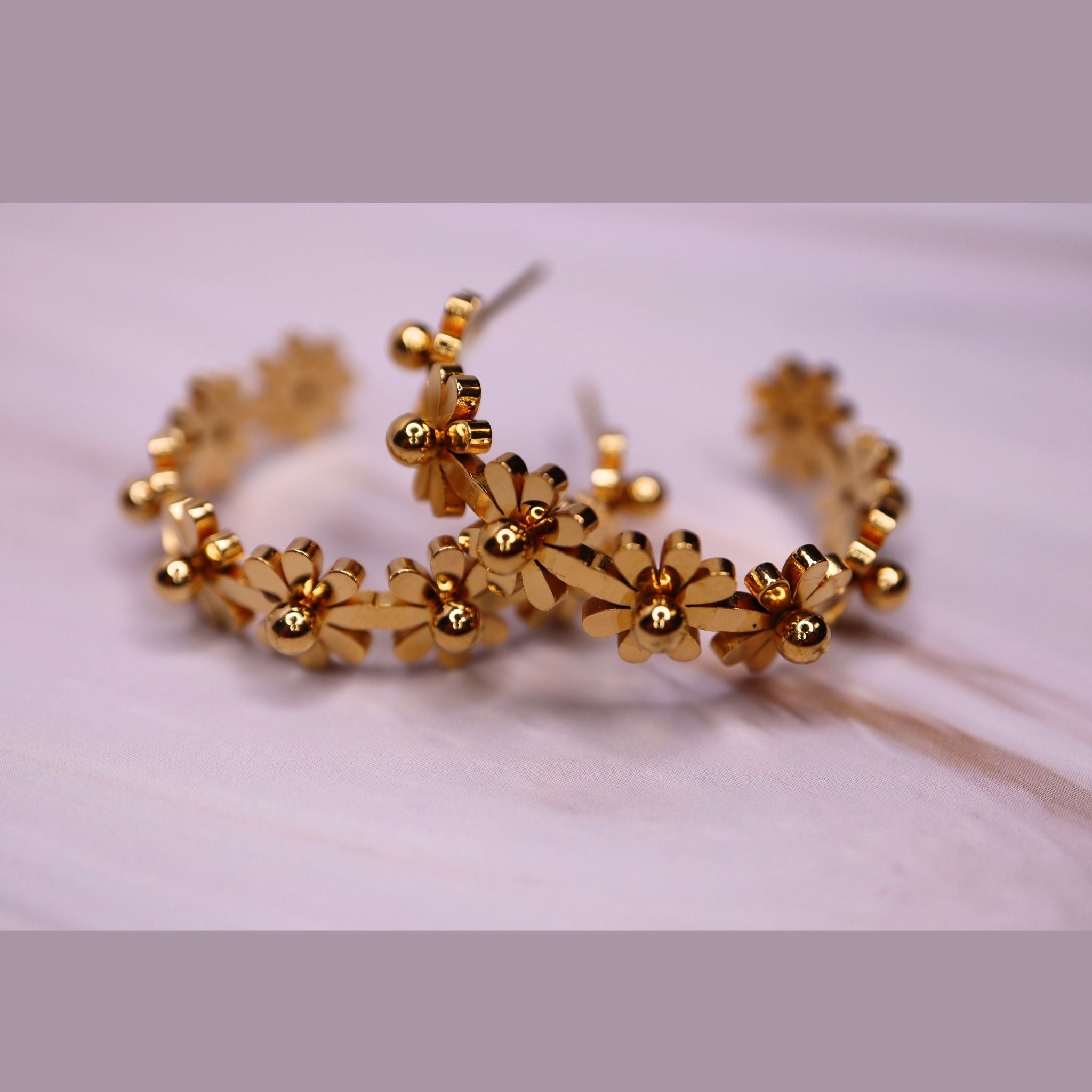 Soft Gold Flower Hoop Earrings – Waterproof, Hypoallergenic Stainless Steel Floral Hoops