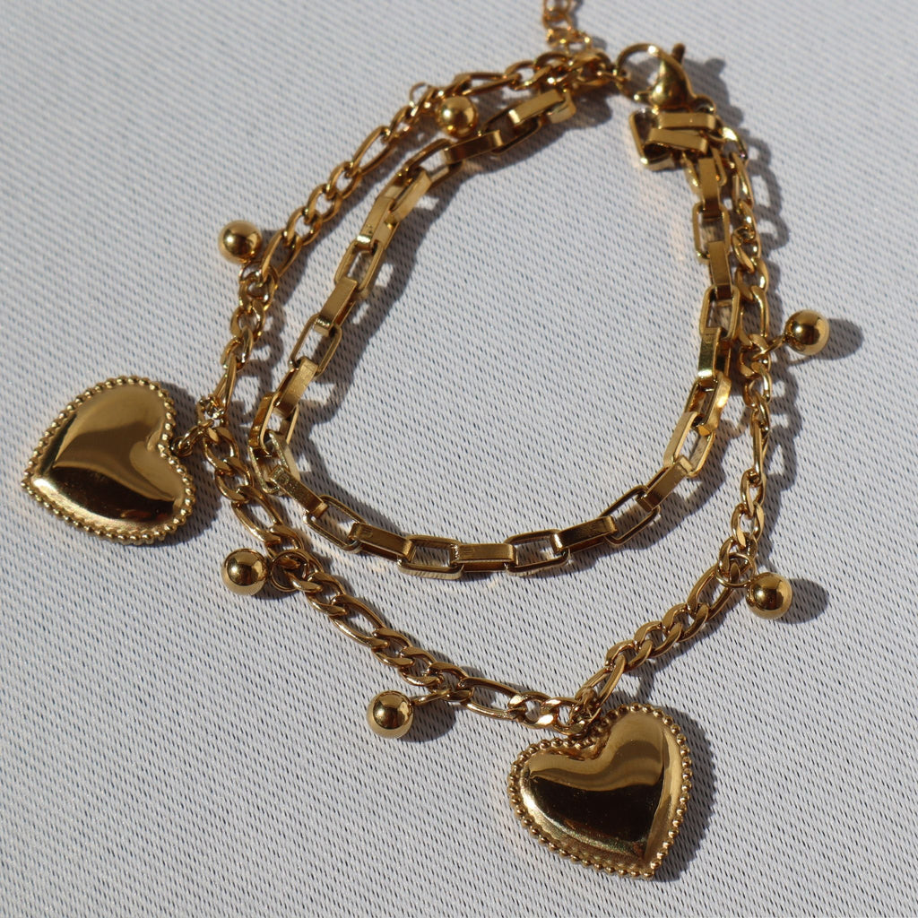 Double Heart Charm Layered Bracelet – 18K Gold Plated Stainless Steel – Waterproof Gold Jewelry – Aella Jewelry Co.